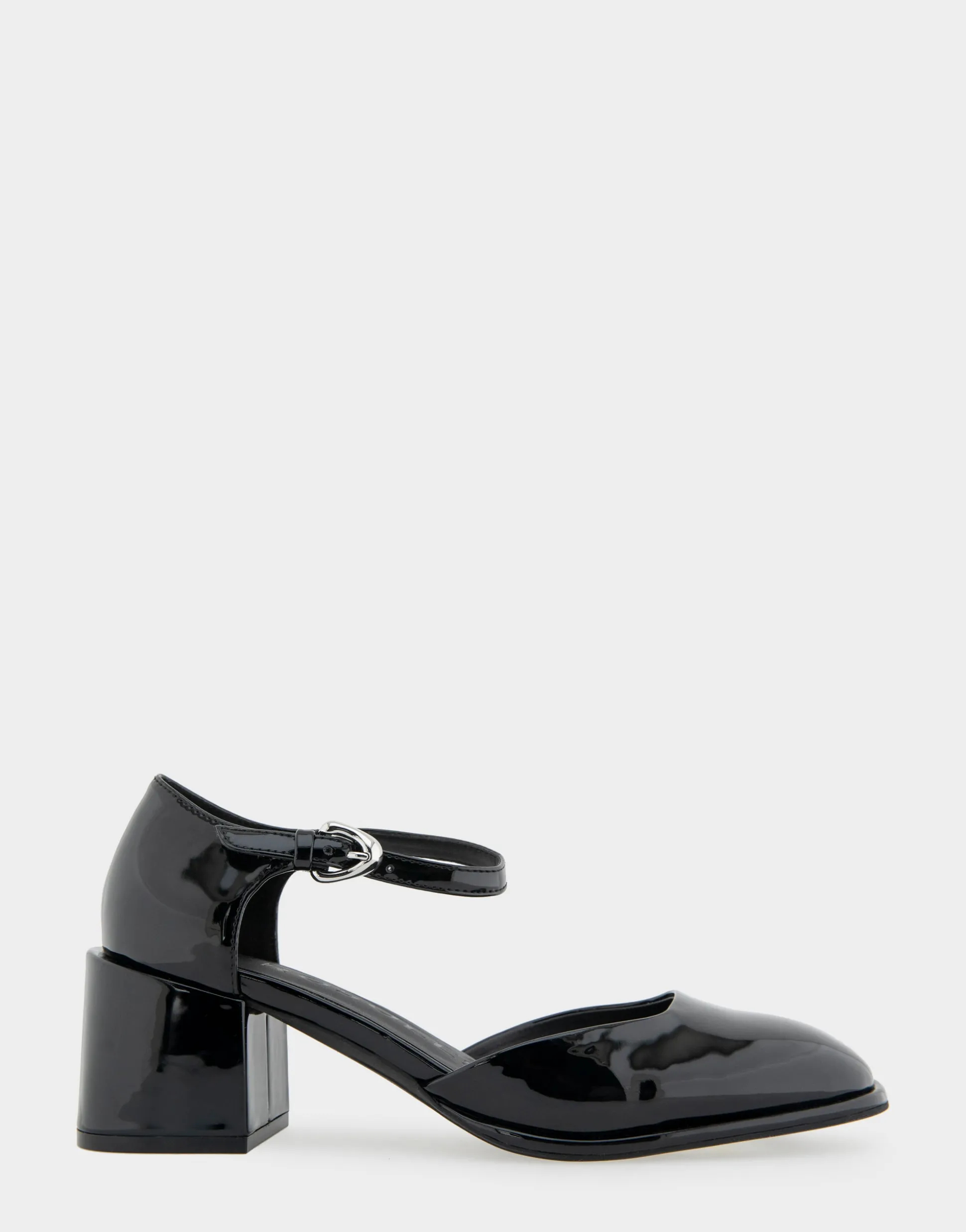 Comfortable Women's Ankle Strap Two Piece Block Heel Pump in Black Patent Faux Leather Patent Faux Leather