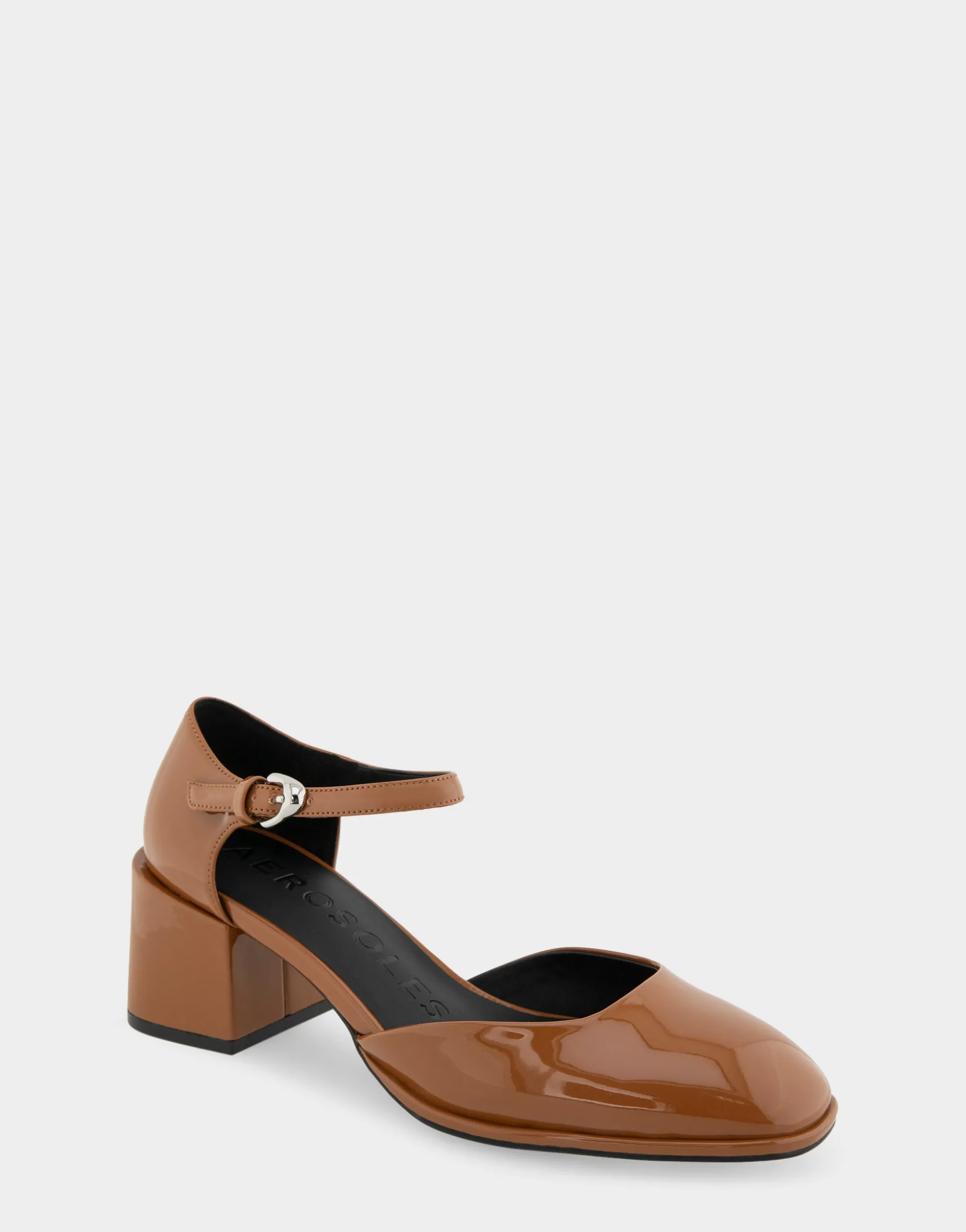 Comfortable Women's Ankle Strap Two Piece Block Heel Pump in Tan Patent Faux Leather Patent Faux Leather