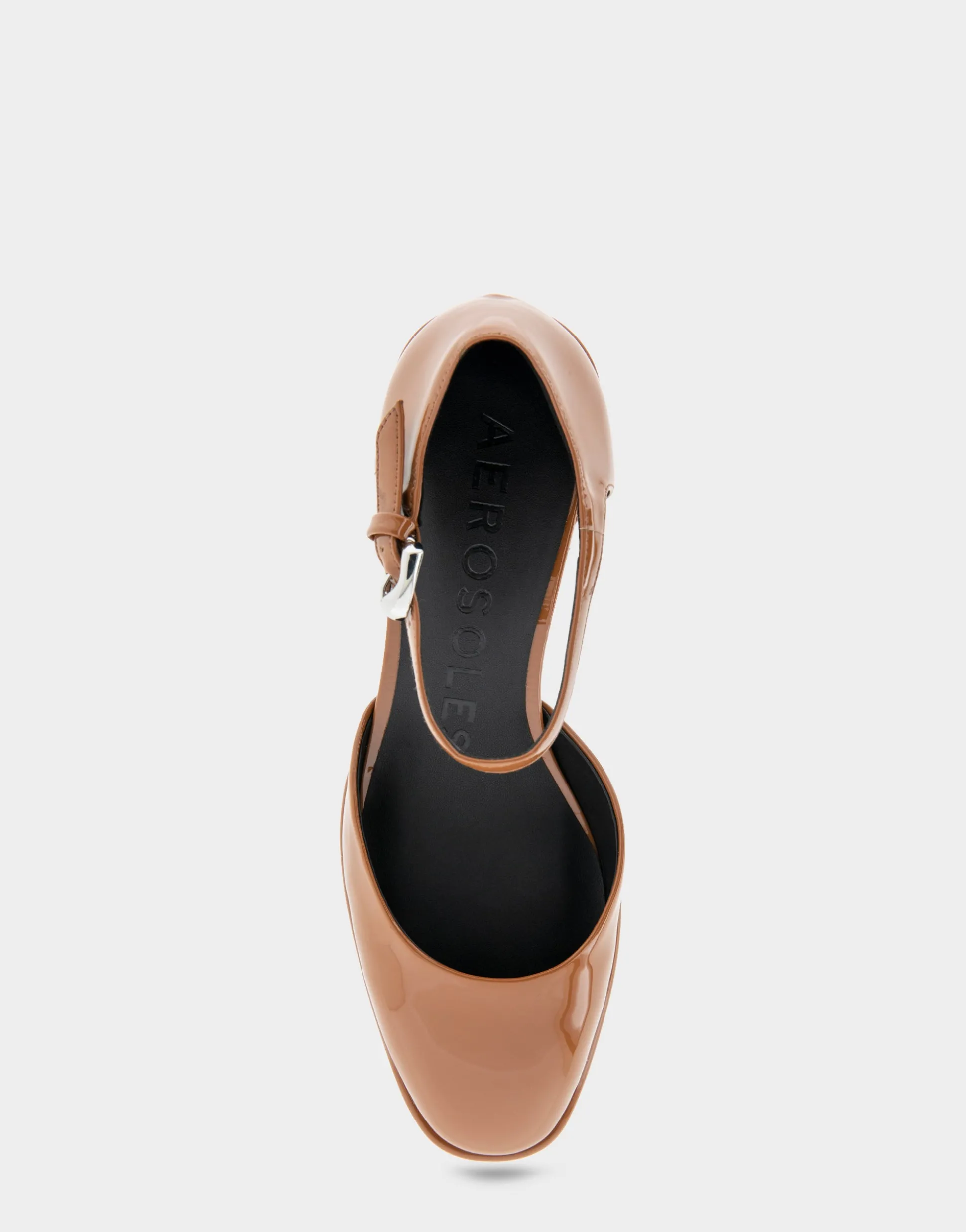 Comfortable Women's Ankle Strap Two Piece Block Heel Pump in Tan Patent Faux Leather Patent Faux Leather