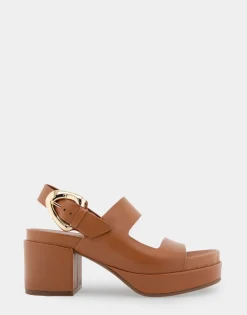 Comfortable Women's Asymmetrical Molded Footbed Platform Sandal in Tan Leather