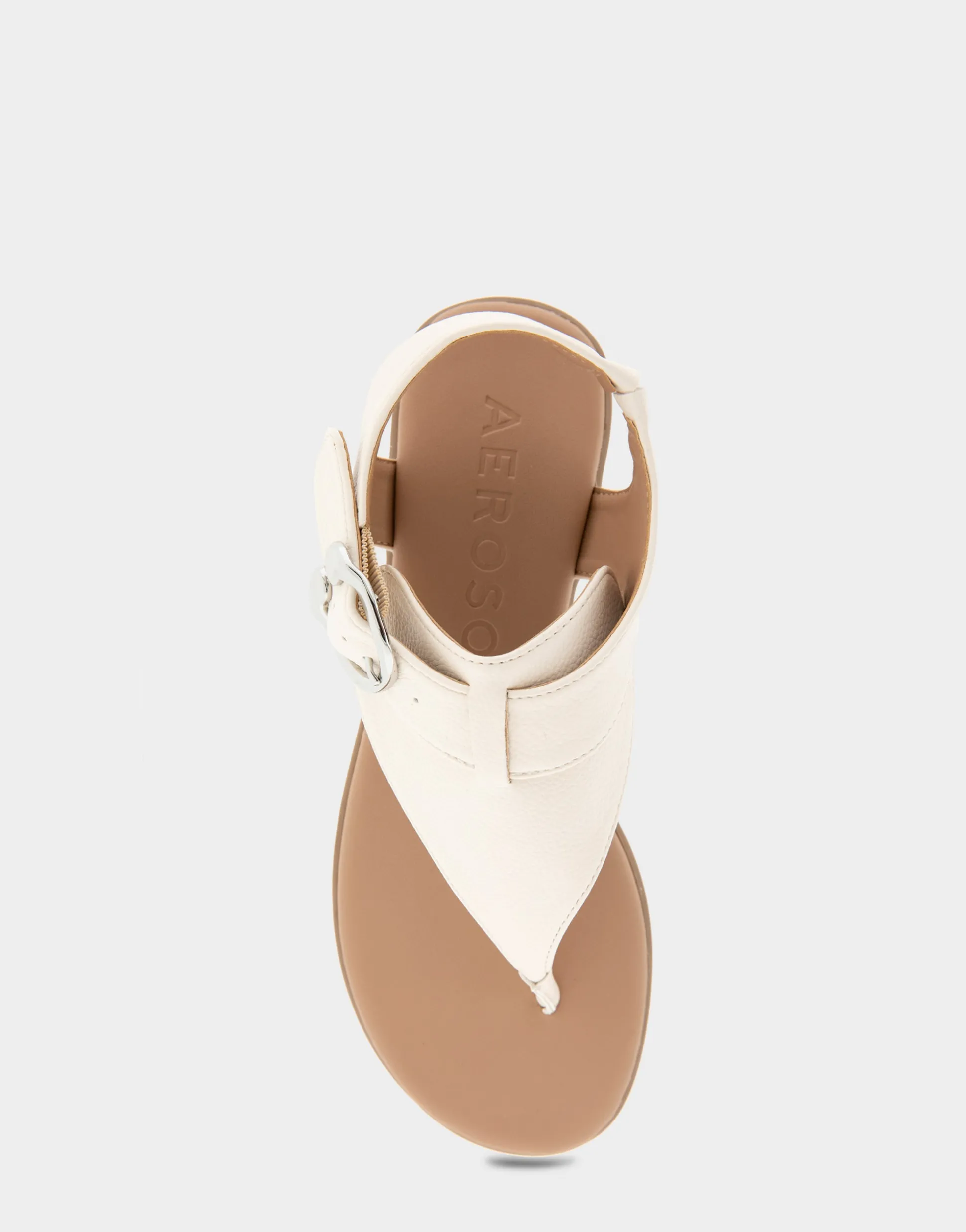 Comfortable Women's Buckle Detail Back Strap Thong Sandal in Eggnog Grainy Faux Leather