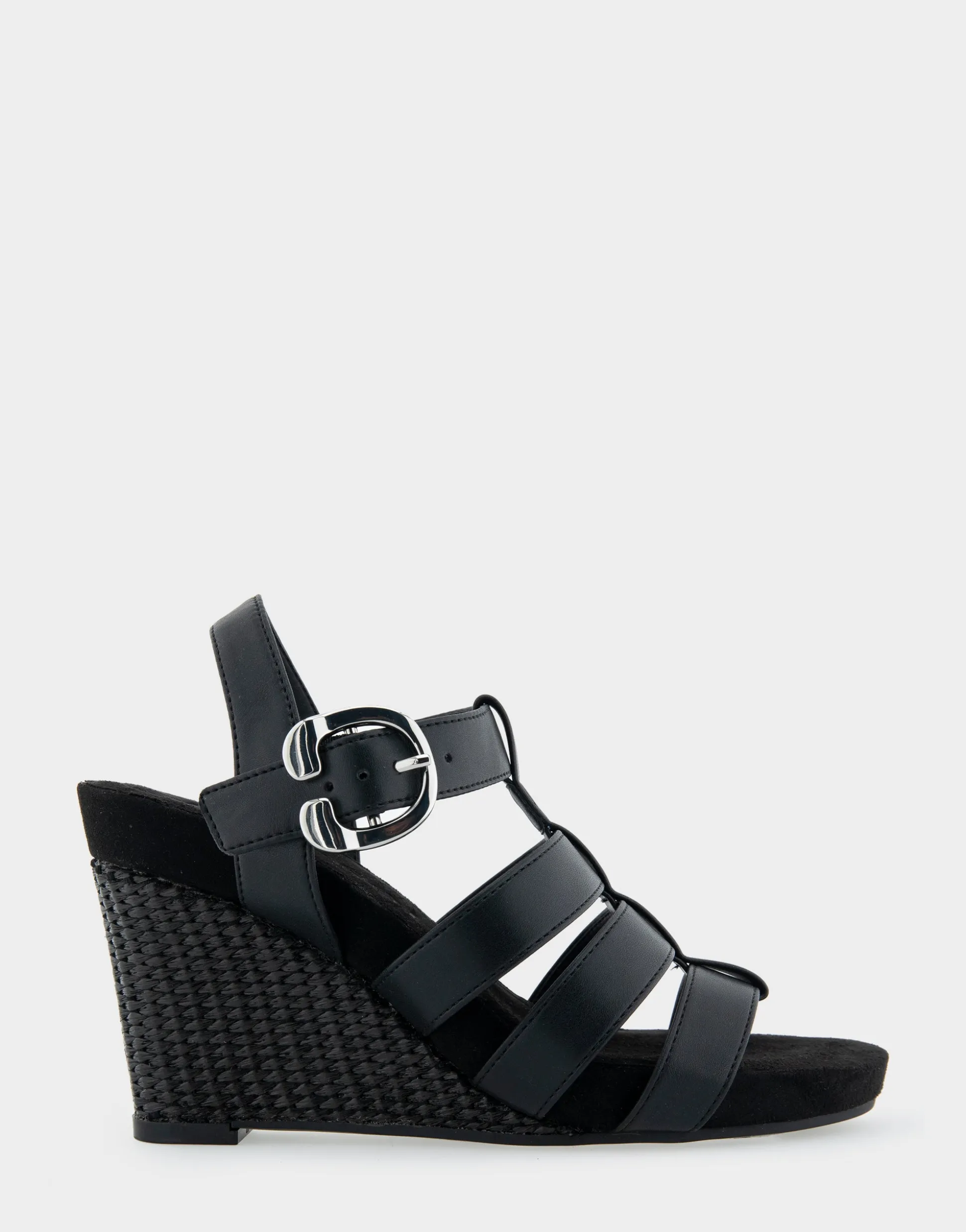 Comfortable Women's Caged Footbed Wedge Sandal in Black Faux Leather