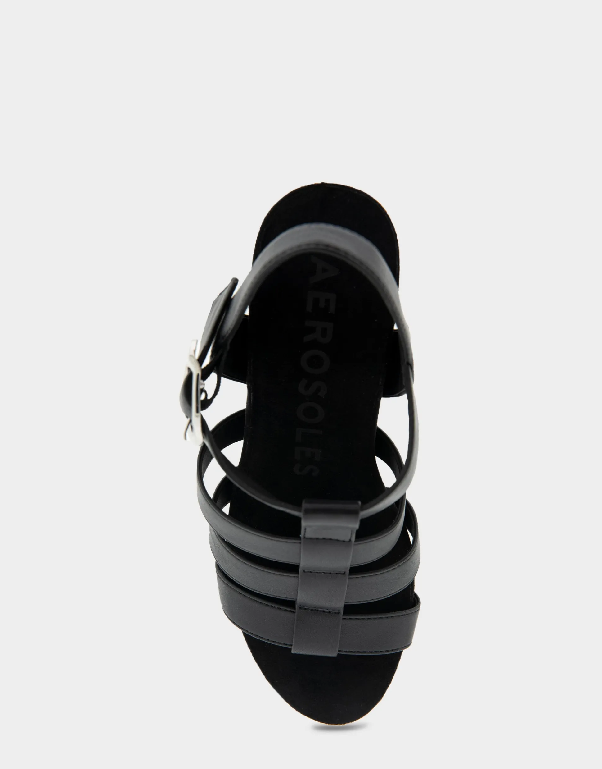 Comfortable Women's Caged Footbed Wedge Sandal in Black Faux Leather
