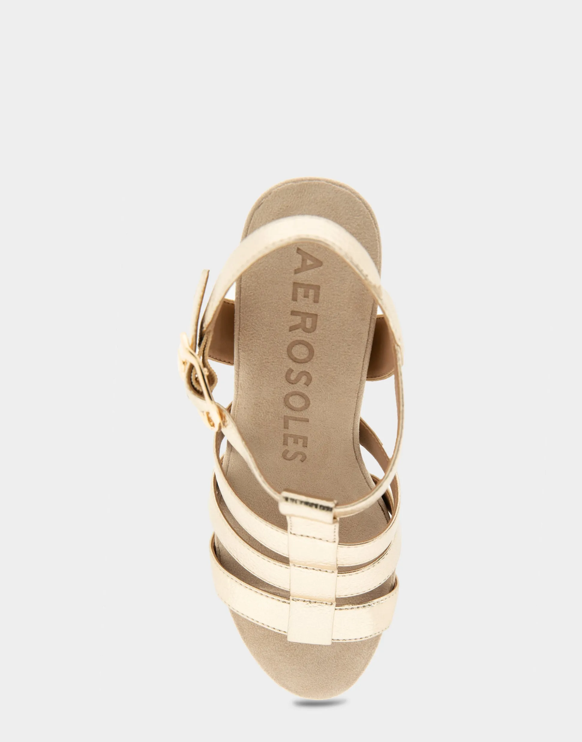 Comfortable Women's Caged Footbed Wedge Sandal in Soft Gold Leather