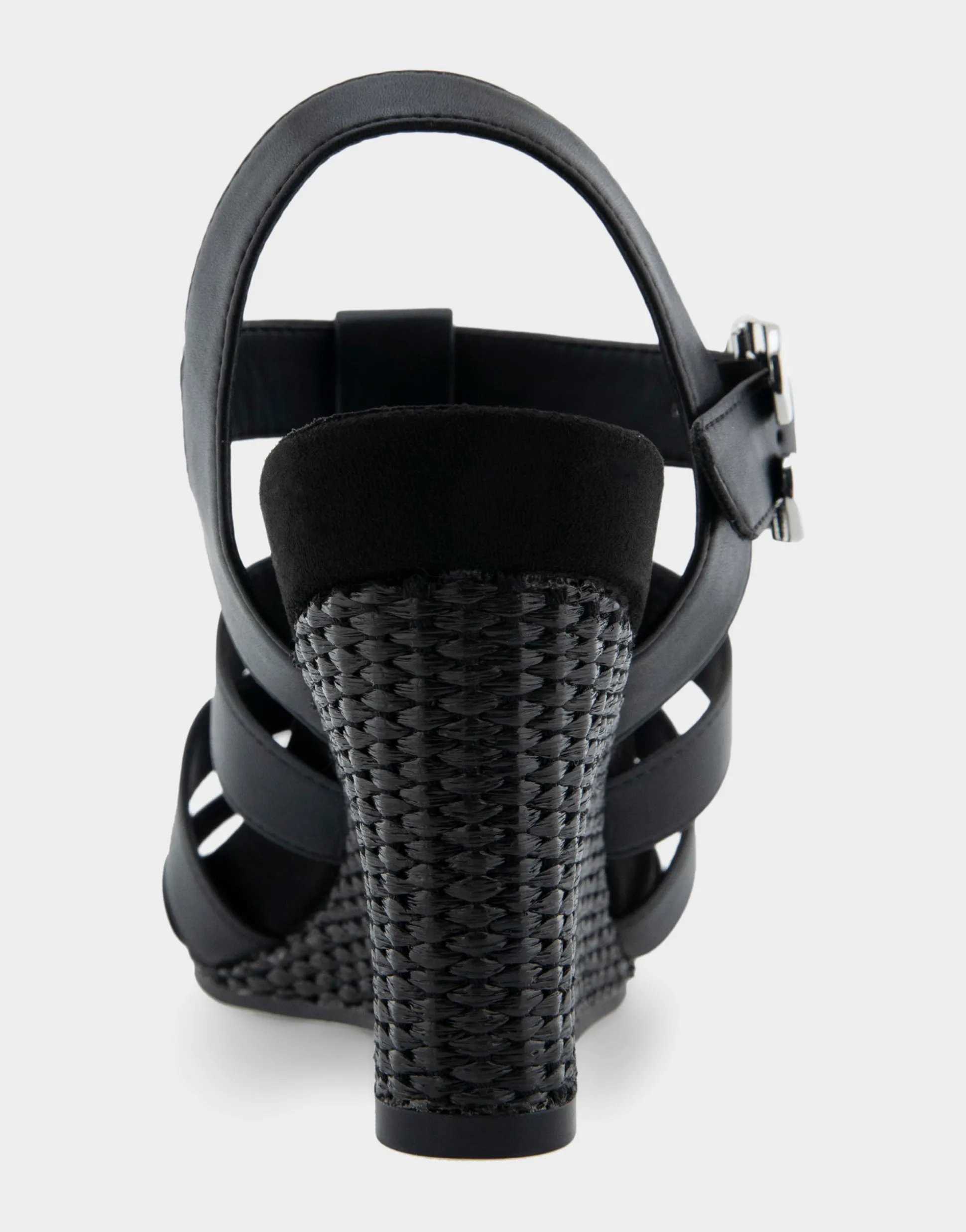 Comfortable Women's Caged Footbed Wedge Sandal in Black Faux Leather