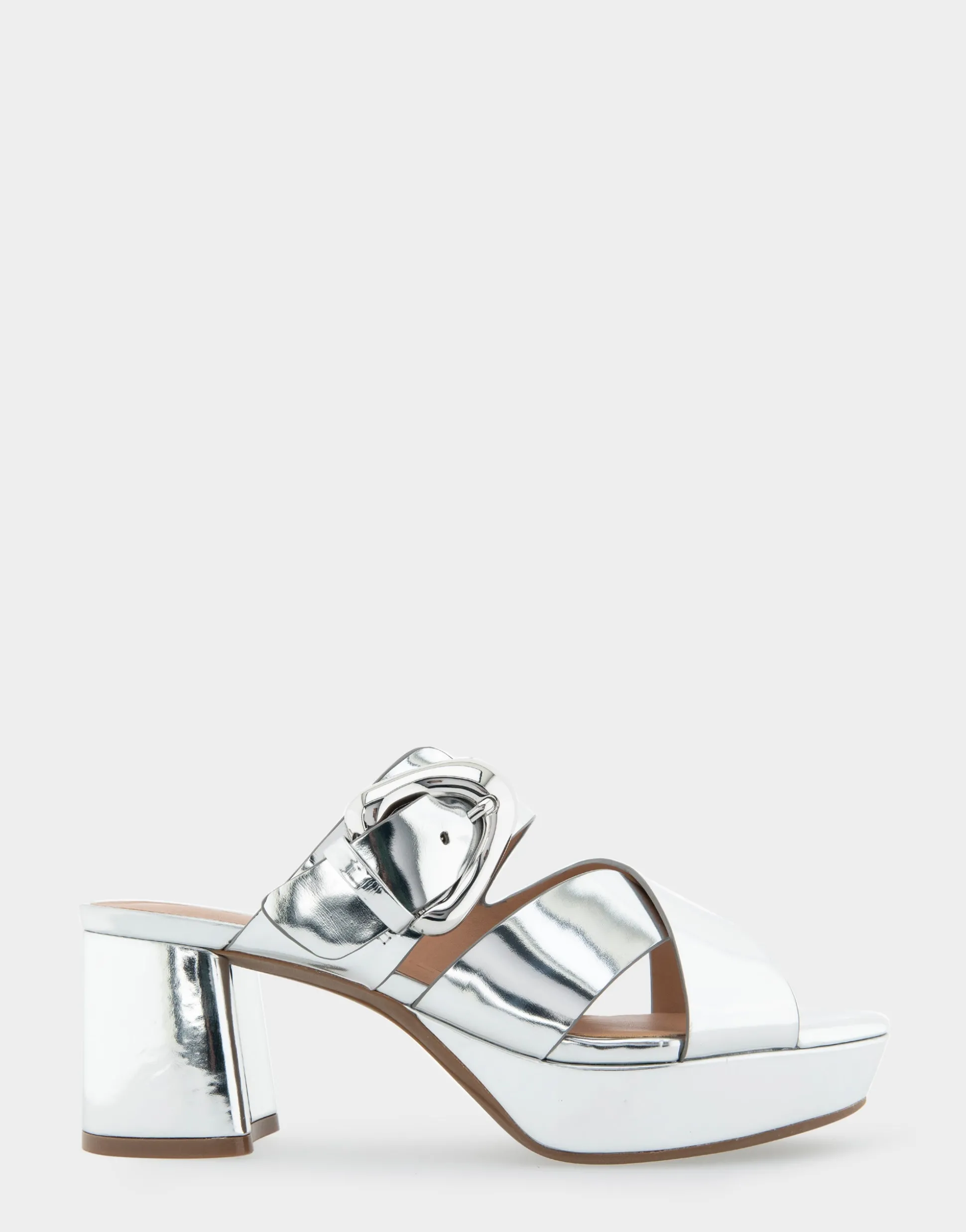 Comfortable Women's Crisscross Platform Slide Sandal in Silver Mirror Metallic Faux Leather