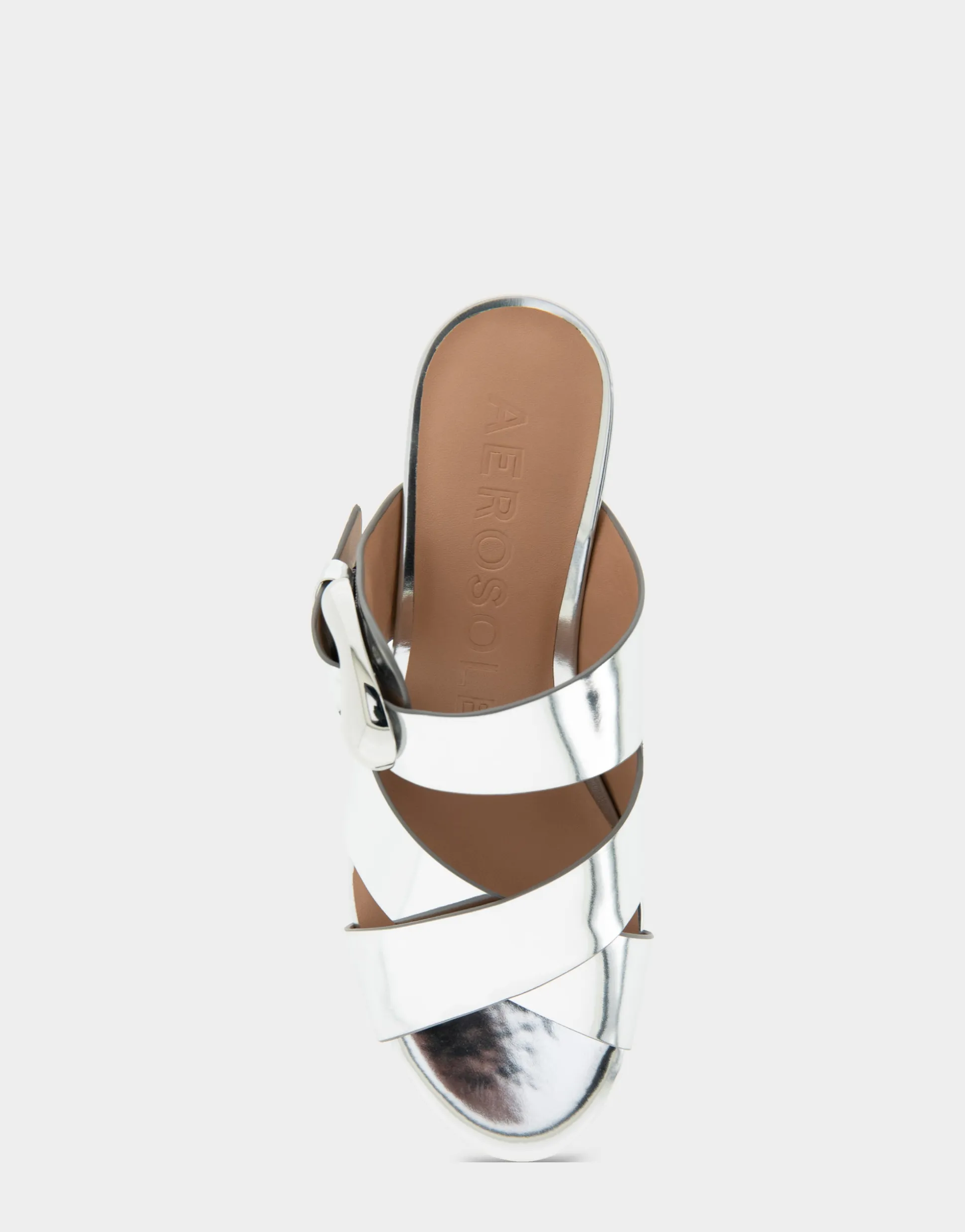 Comfortable Women's Crisscross Platform Slide Sandal in Silver Mirror Metallic Faux Leather