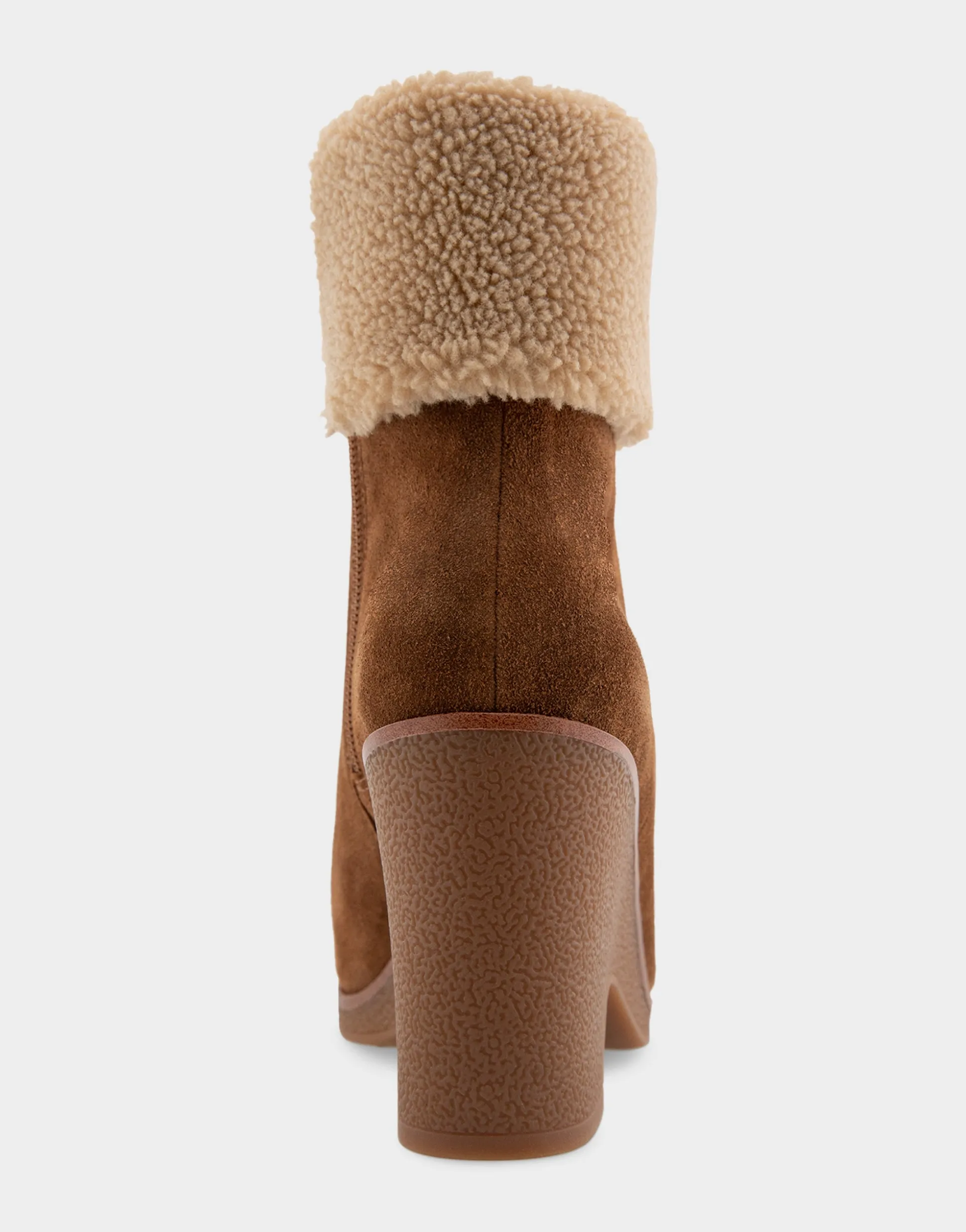 Comfortable Women's Faux Shearling Cuff Sculpted Wedge Crepe Heel Bootie in Tobacco Suede Suede