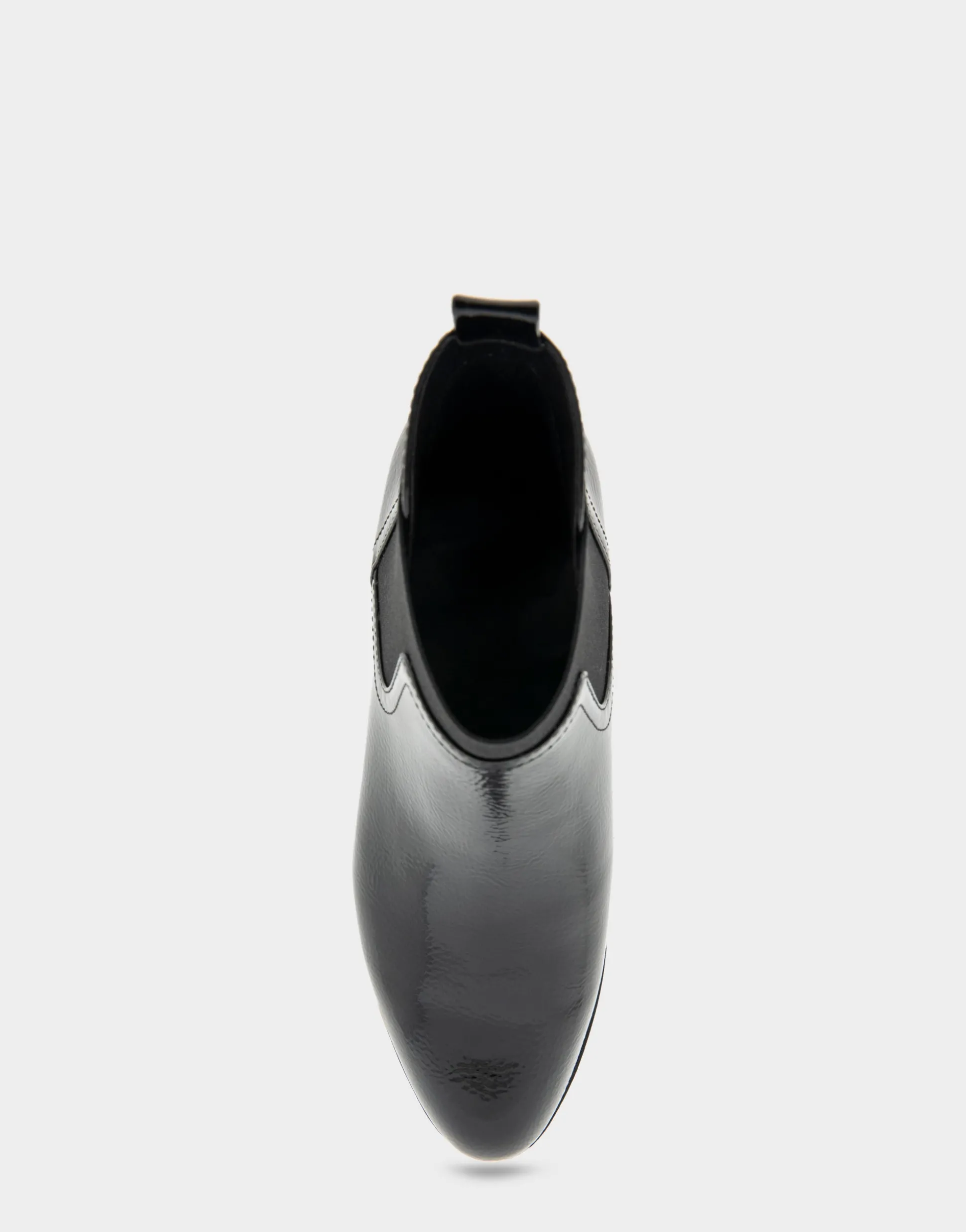 Comfortable Women's Gored Ankle Bootie With Pull Tab in Black Crinkled Patent Faux Leather Patent Faux Leather