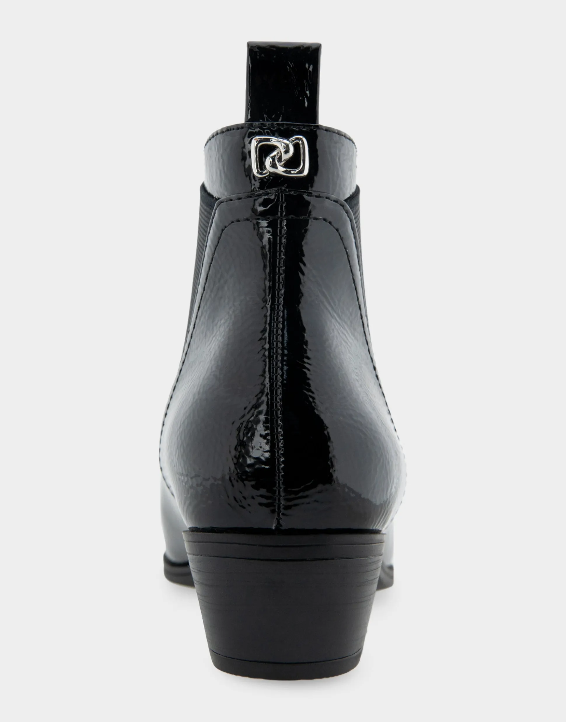 Comfortable Women's Gored Ankle Bootie With Pull Tab in Black Crinkled Patent Faux Leather Patent Faux Leather