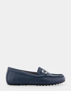 Comfortable Women's Horsebit Driver Moc in Navy Pebbled Faux Leather Faux Leather