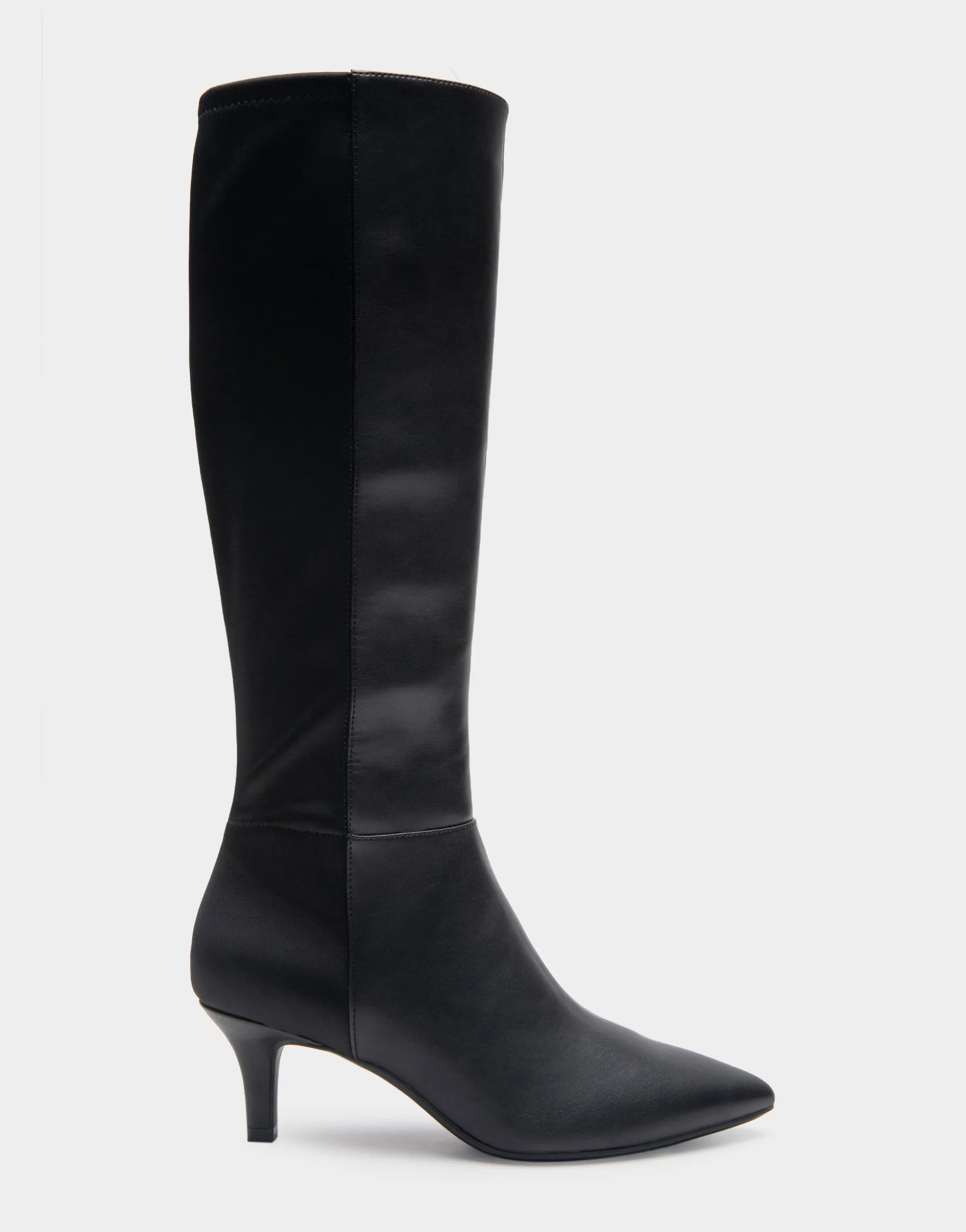 Comfortable Women's Knee High Kitten Heel Point Toe Boot in Black Faux Leather Faux Leather