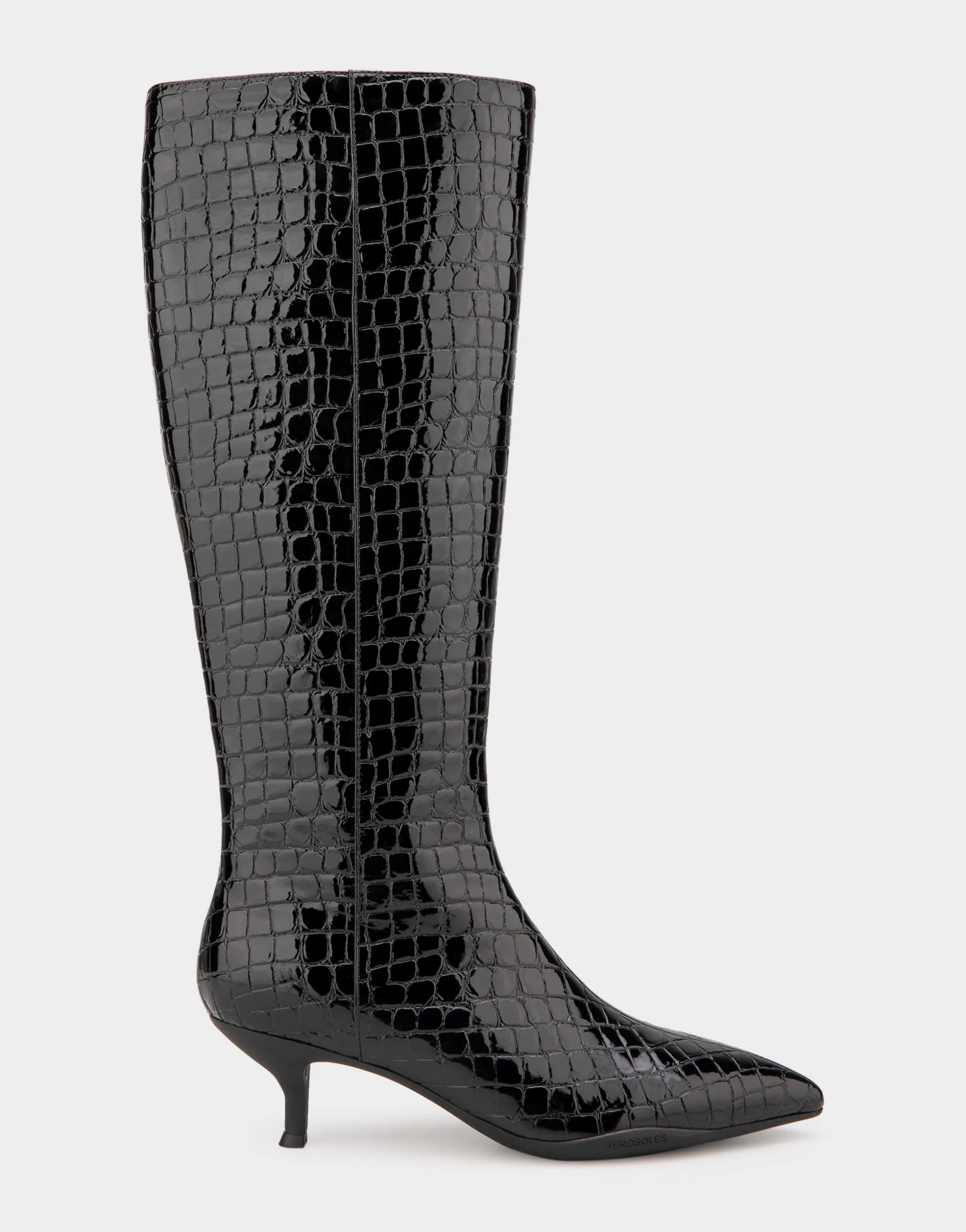 Comfortable Women's Knee High Point Toe Kitten Heel Boot in Black Jelly Croco Croco Faux Leather