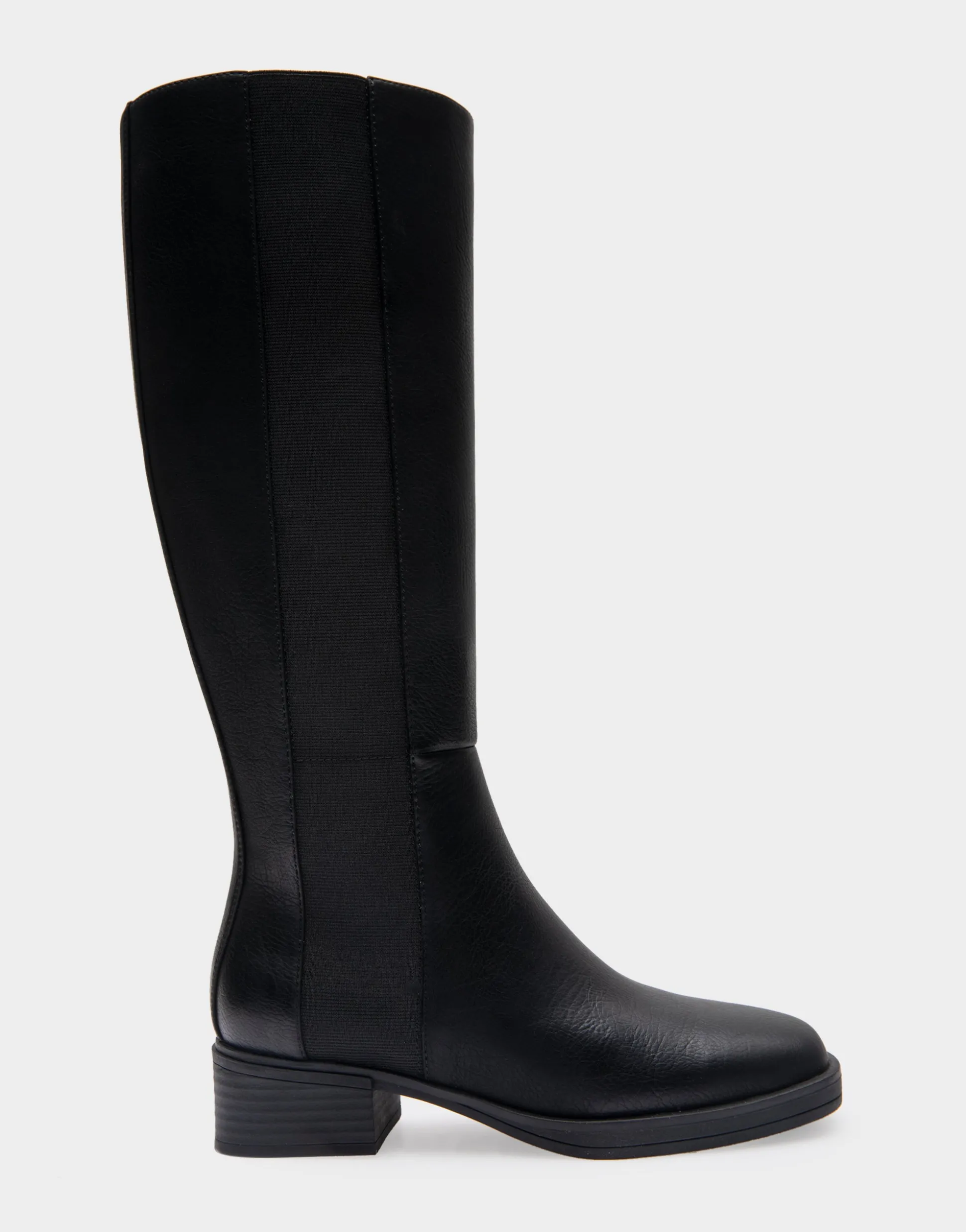 Comfortable Women's Knee High Elastic Inset Equestrian Boot in Black Grainy Faux Leather Faux Leather