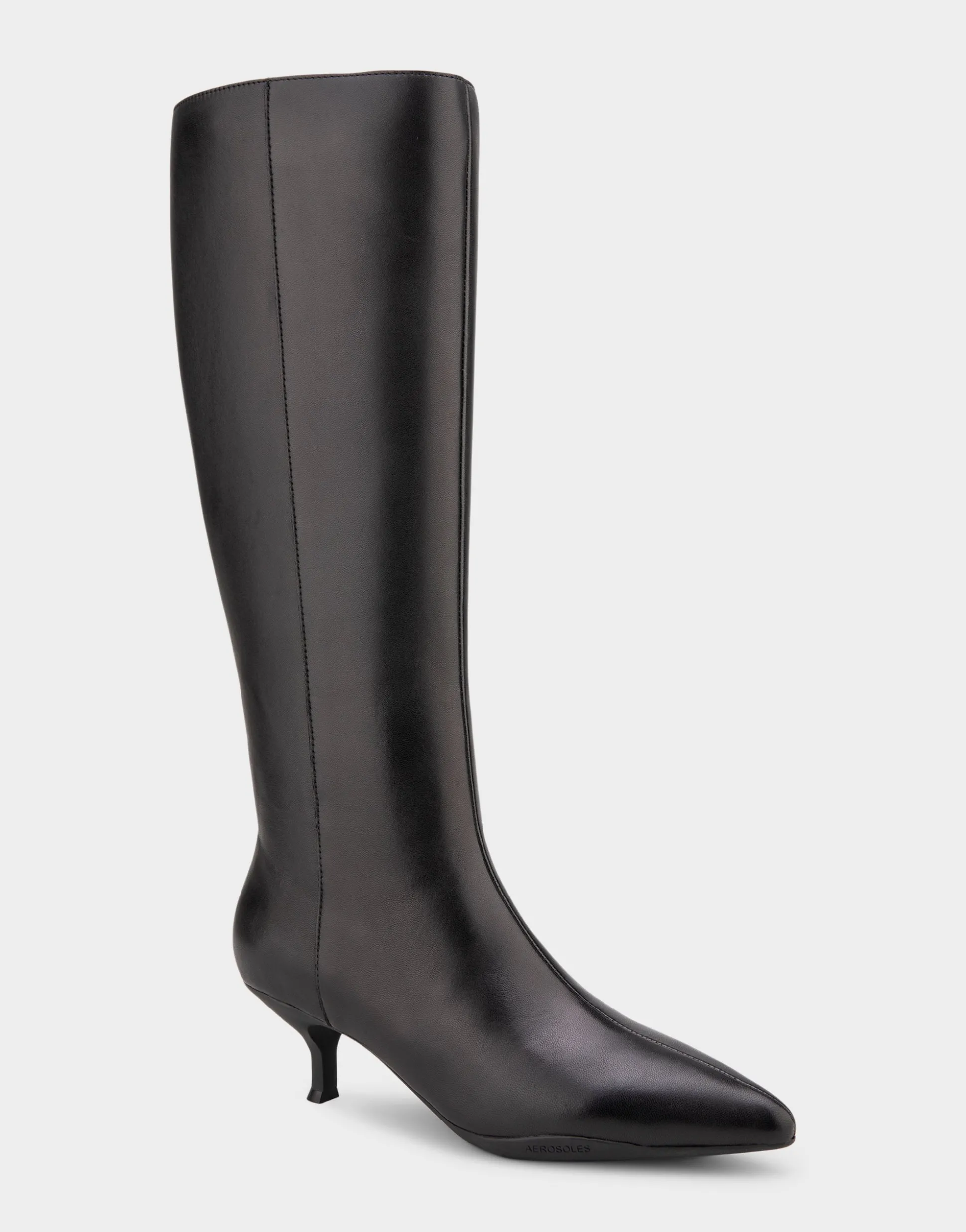 Comfortable Women's Knee High Point Toe Kitten Heel Boot in Black Leather Leather