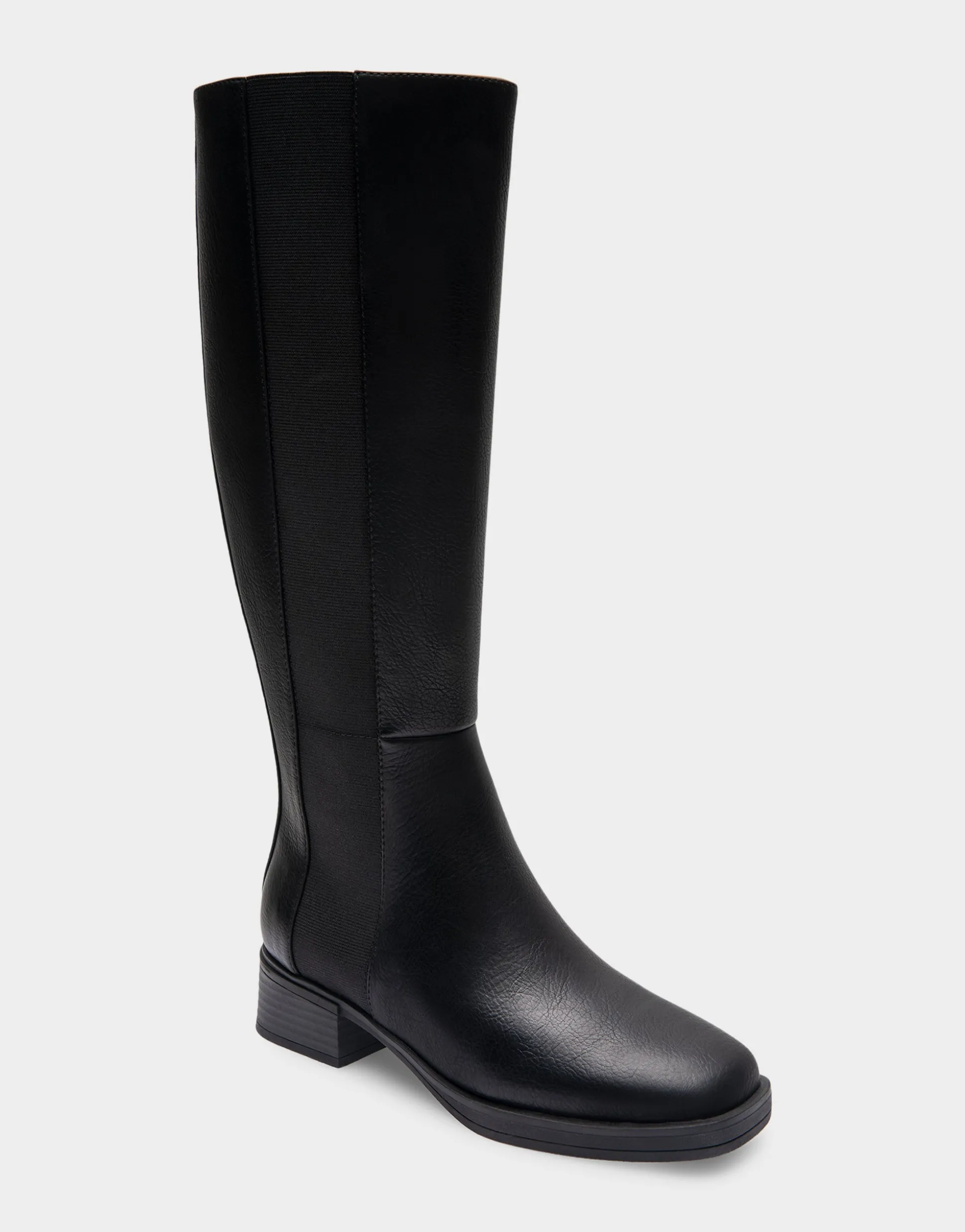 Comfortable Women's Knee High Elastic Inset Equestrian Boot in Black Grainy Faux Leather Faux Leather
