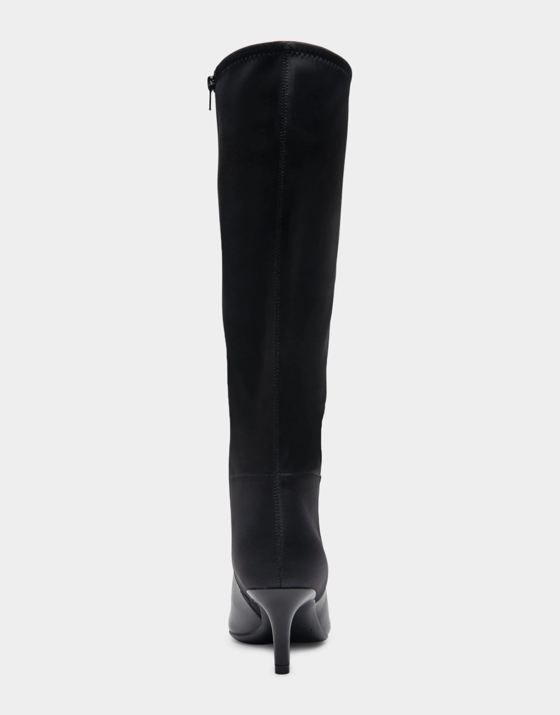 Comfortable Women's Knee High Kitten Heel Point Toe Boot in Black Faux Leather Faux Leather
