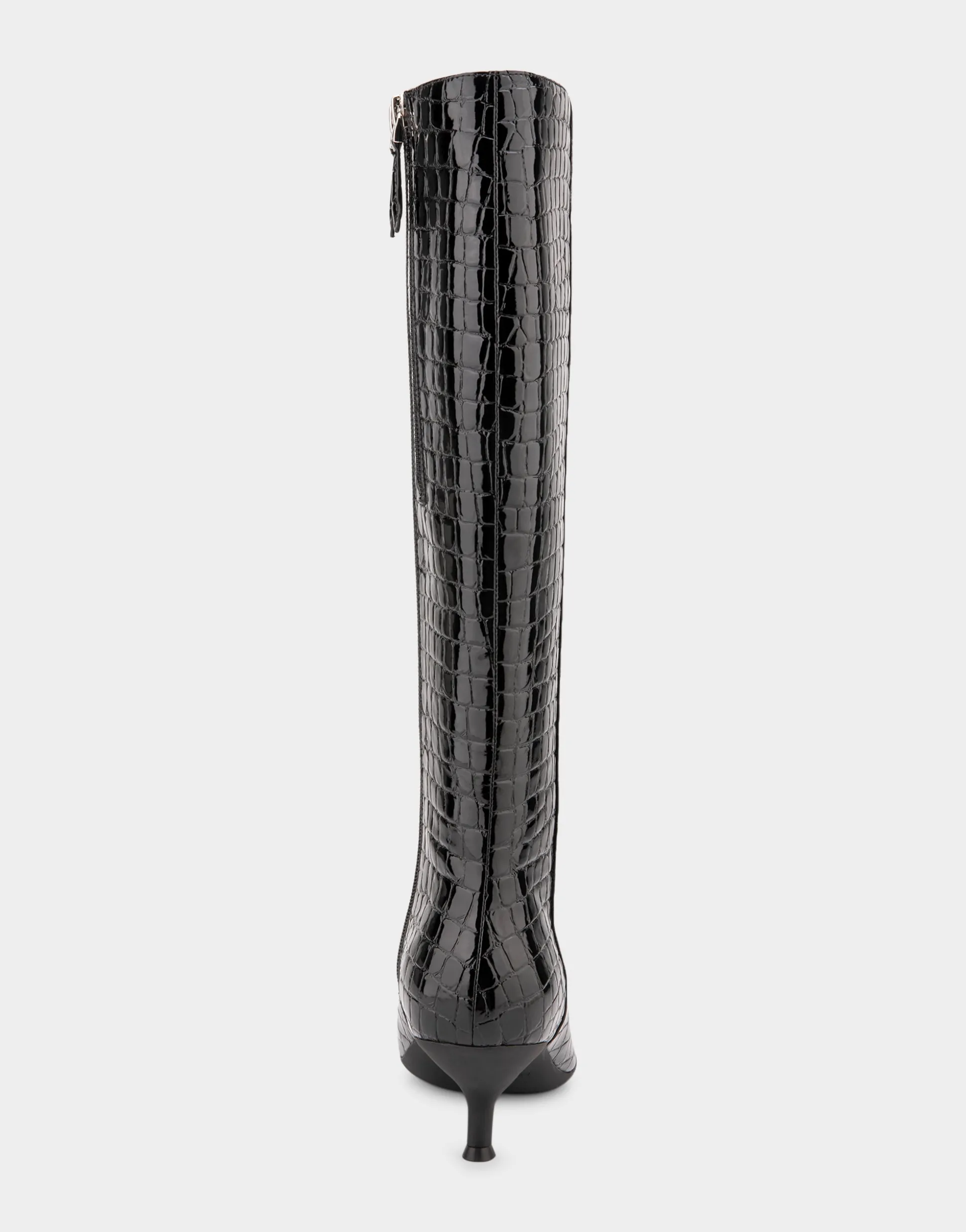 Comfortable Women's Knee High Point Toe Kitten Heel Boot in Black Jelly Croco Croco Faux Leather