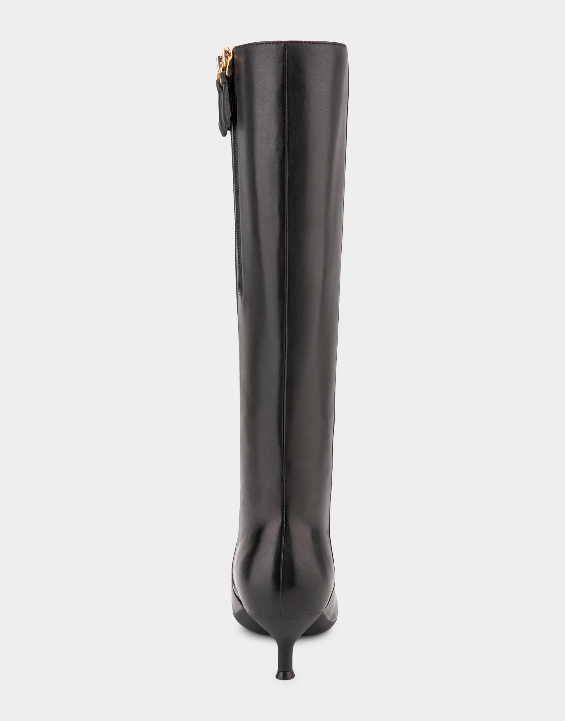 Comfortable Women's Knee High Point Toe Kitten Heel Boot in Black Leather Leather