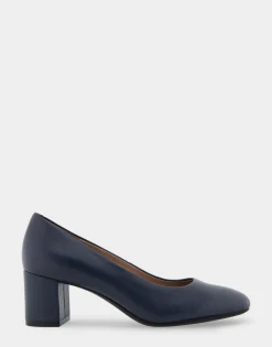Comfortable Women's Mid Heel Pump in Navy Genuine Leather