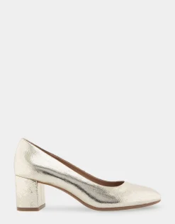 Comfortable Women's Mid Heel Pump in Soft Gold Leather