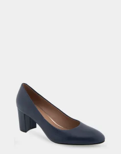 Comfortable Women's Mid Heel Pump in Navy Genuine Leather