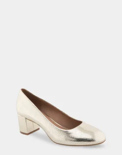 Comfortable Women's Mid Heel Pump in Soft Gold Leather