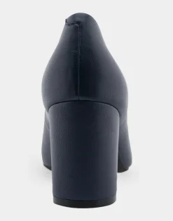Comfortable Women's Mid Heel Pump in Navy Genuine Leather