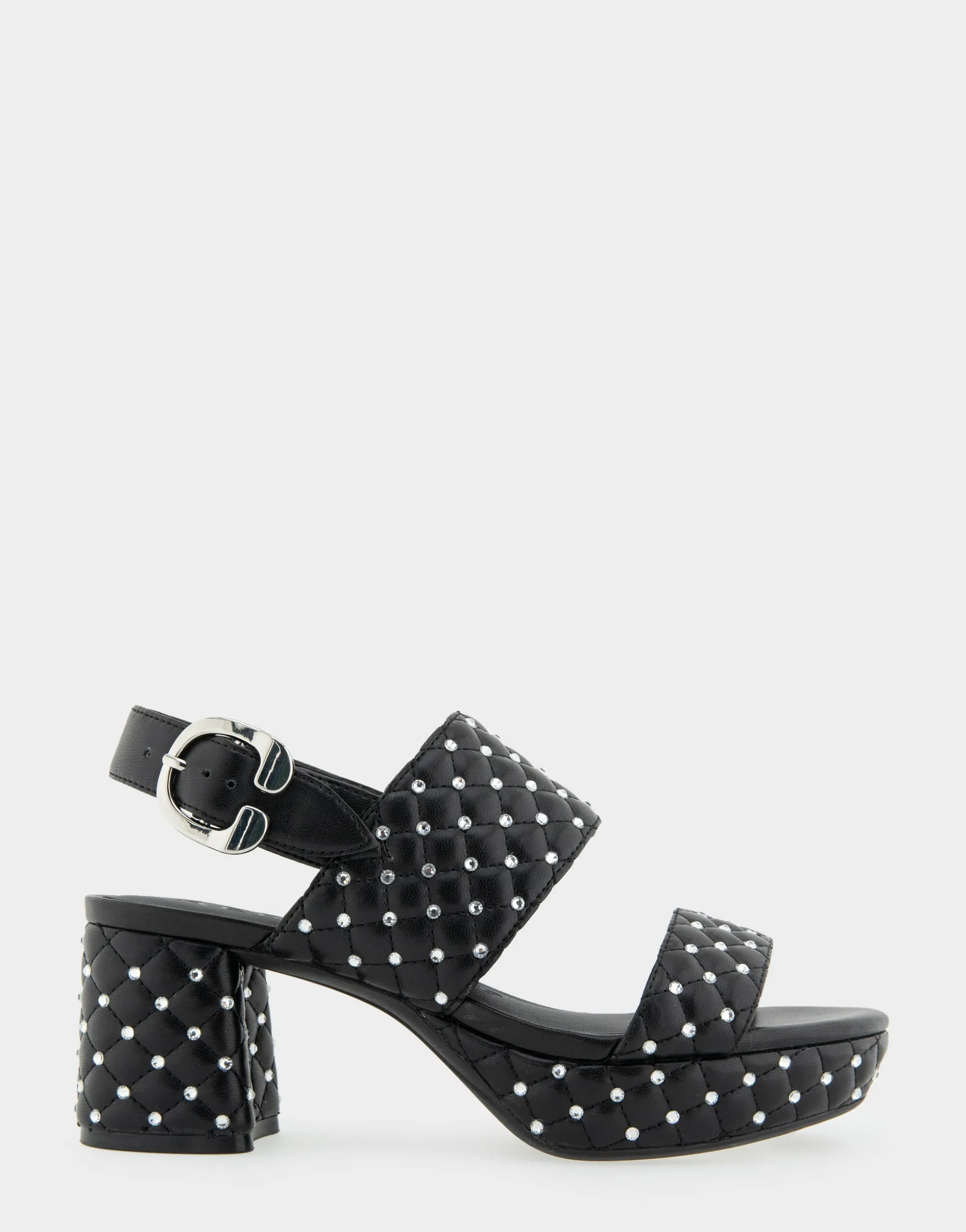 Comfortable Women's Platform Sandal in Black Quilted Faux Leather With Crystals