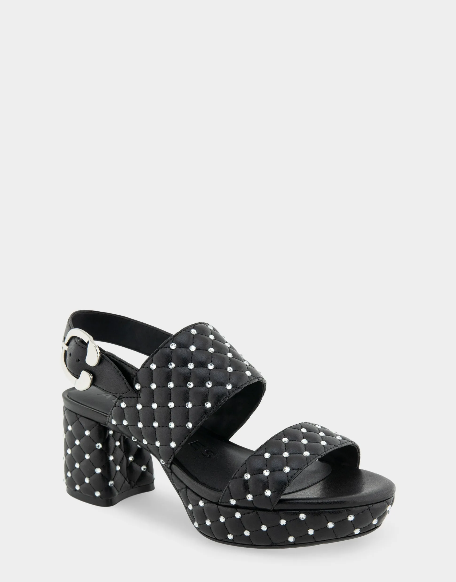 Comfortable Women's Platform Sandal in Black Quilted Faux Leather With Crystals