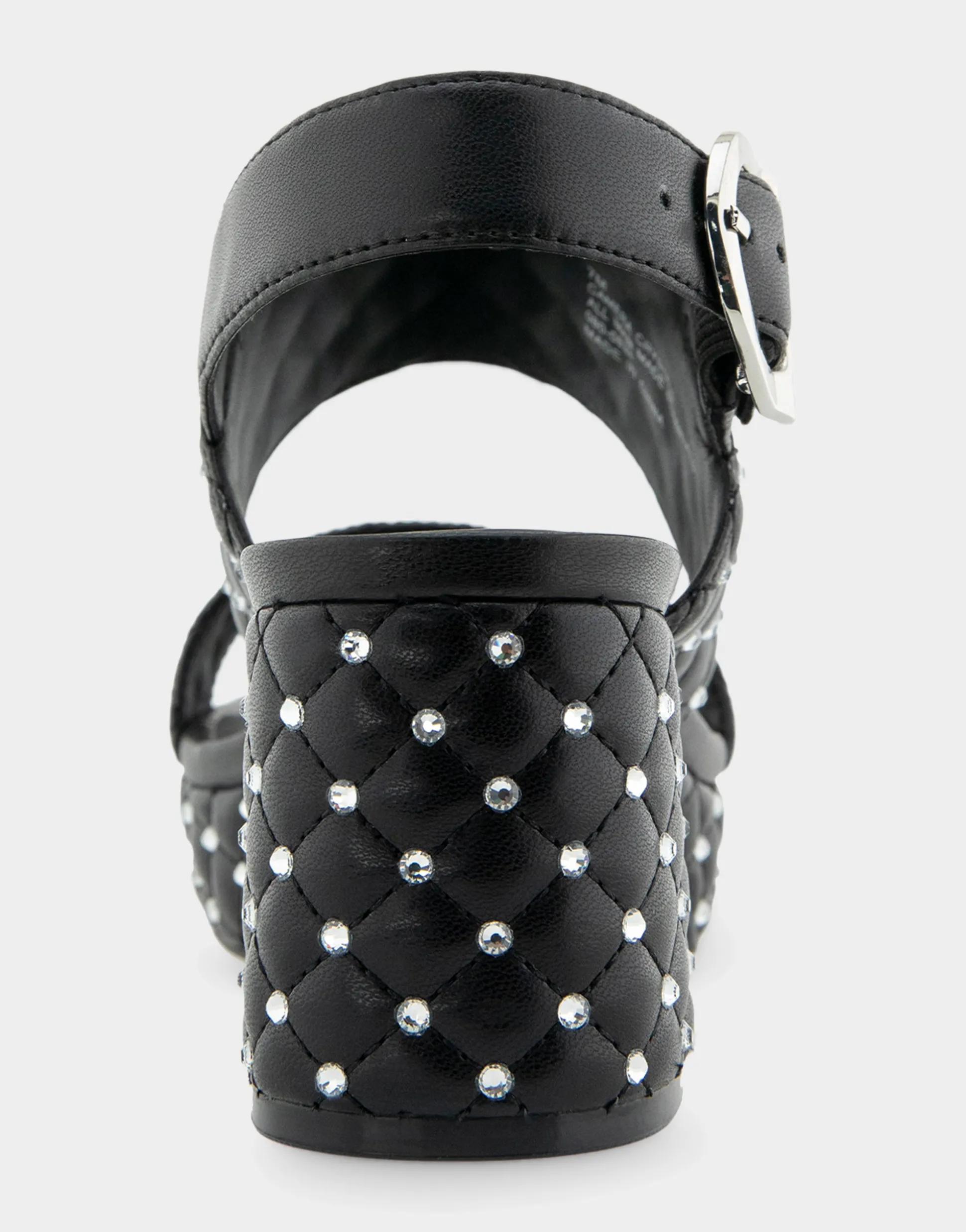 Comfortable Women's Platform Sandal in Black Quilted Faux Leather With Crystals