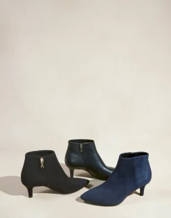 Comfortable Women's Point Toe Kitten Heel Bootie in Black Faux Leather