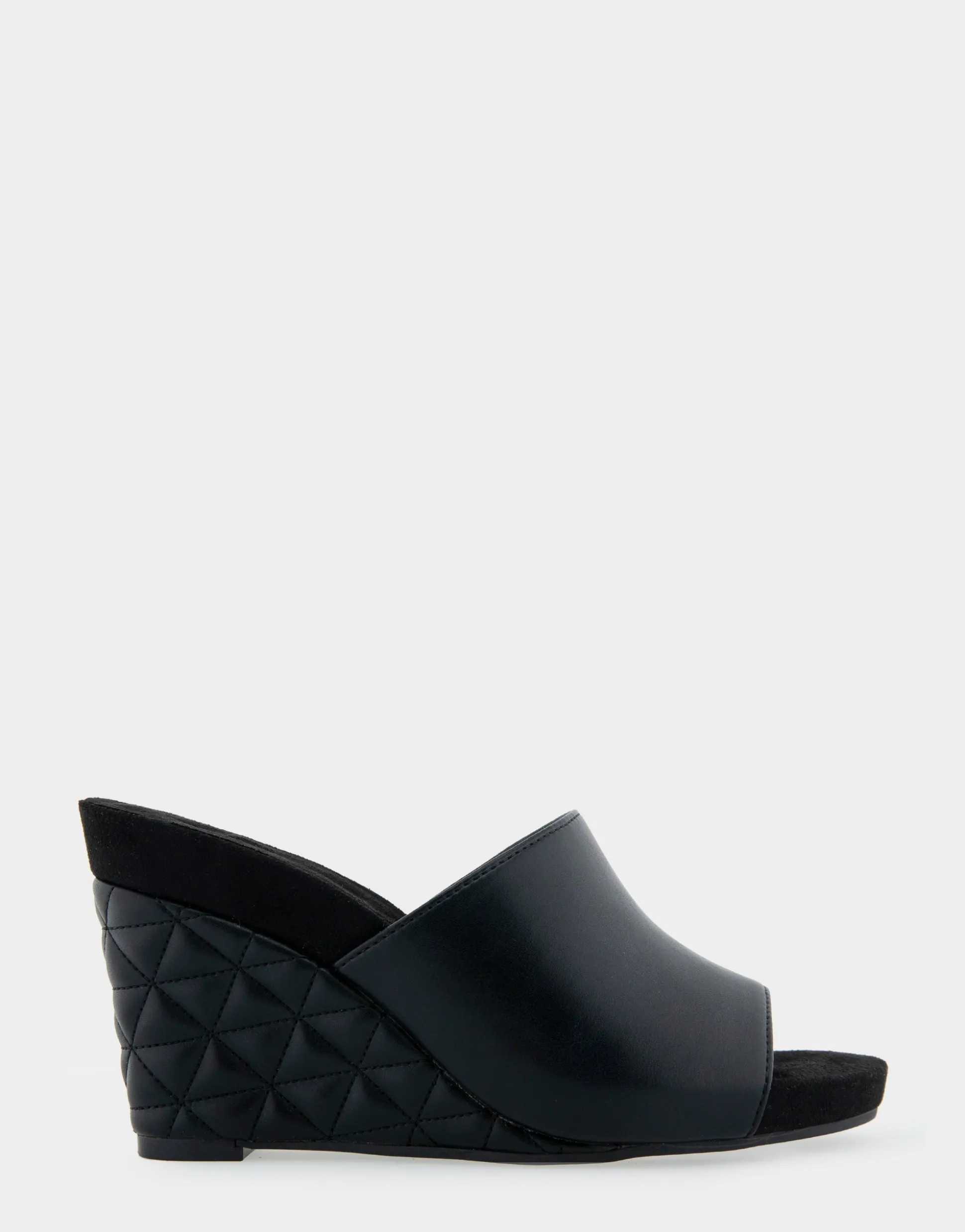 Comfortable Women's Quilted Heel Footbed Wedge Slide in Black Faux Leather