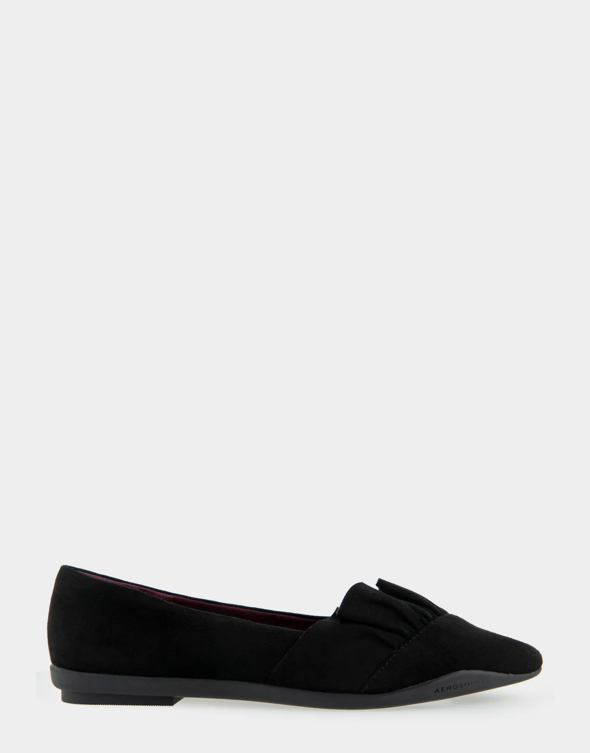 Comfortable Women's Ruffled Point Toe Flat in Black Genuine Suede