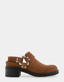 Comfortable Women's Squared Toe Harness Detail Mule in Tobacco Suede