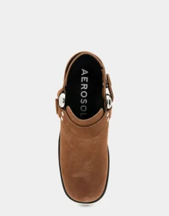 Comfortable Women's Squared Toe Harness Detail Mule in Tobacco Suede