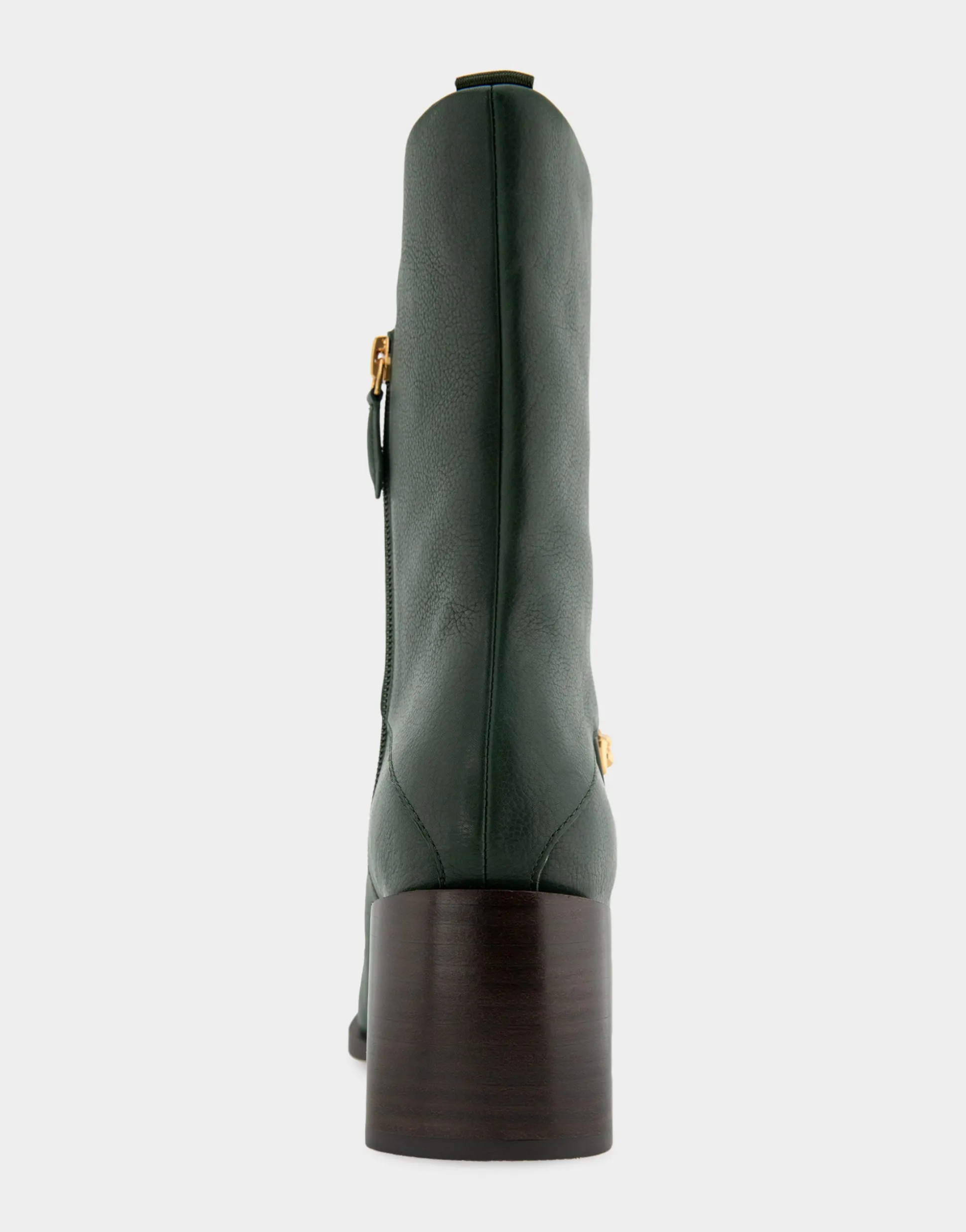 Comfortable Women's Square Toe Slip On Block Heel Mid Calf Bootie in Fir Green Leather Leather