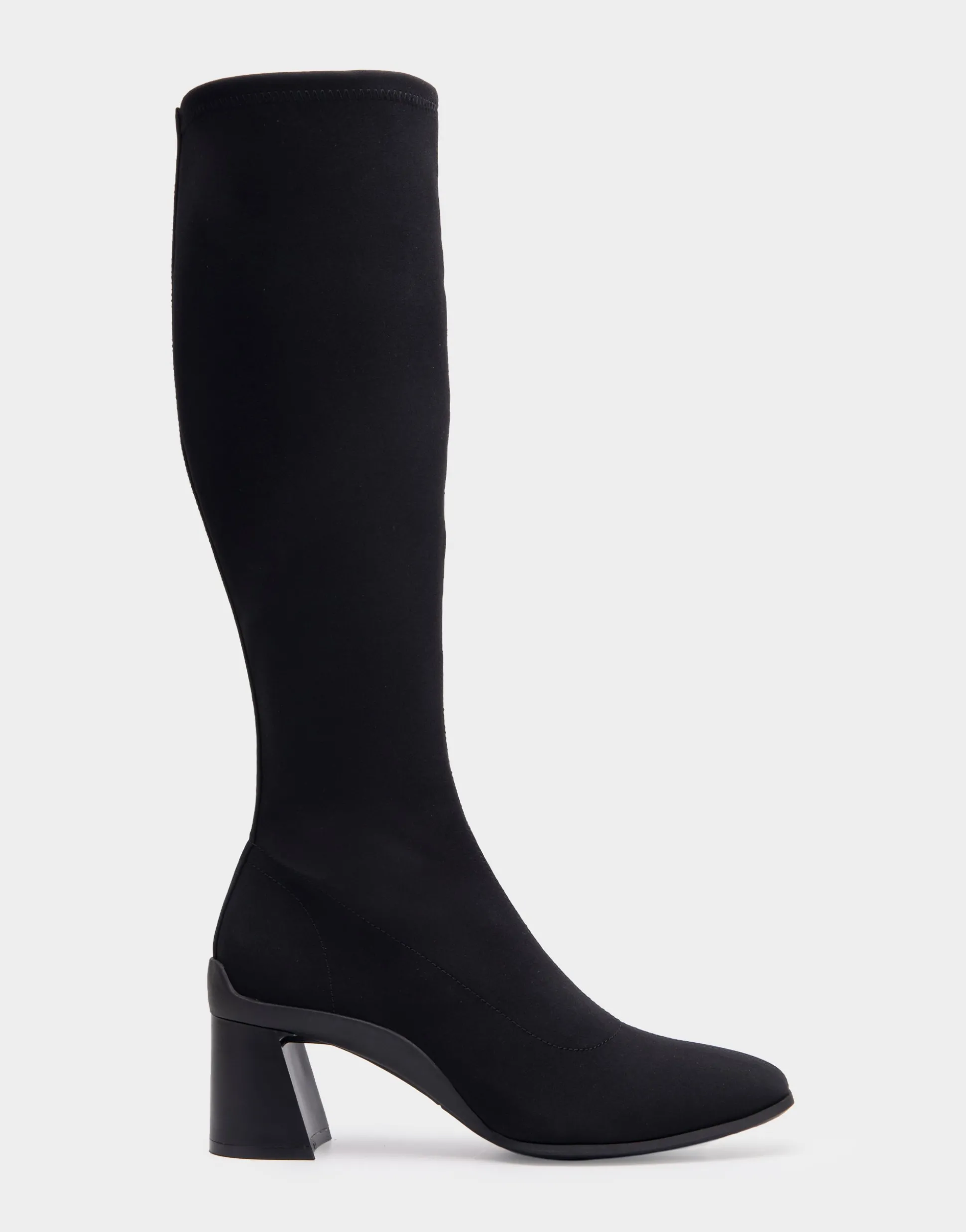 Comfortable Women's Stretch Knee High Sculpted Heel Boot in Black Stretch Gabardine Fabric