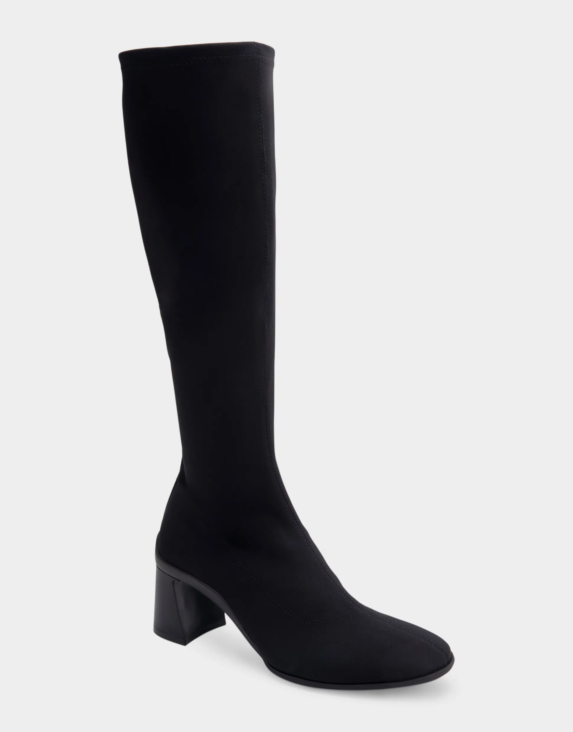 Comfortable Women's Stretch Knee High Sculpted Heel Boot in Black Stretch Gabardine Fabric