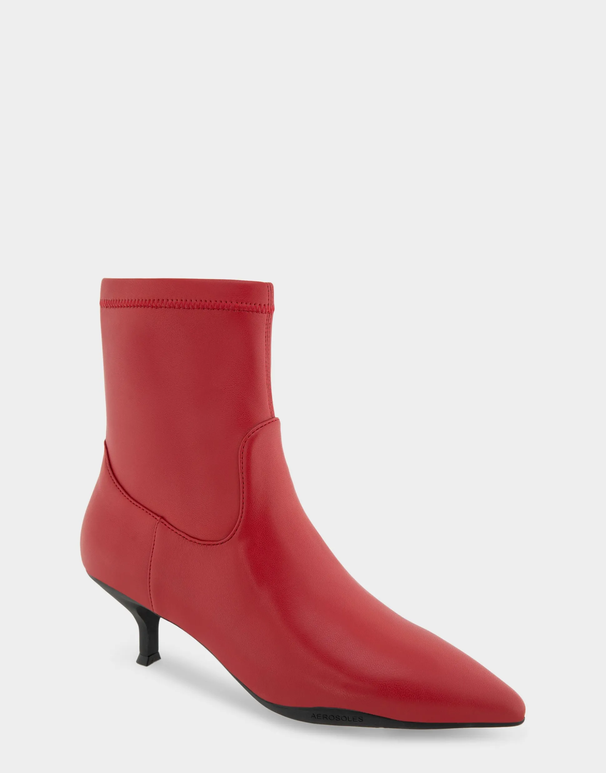 Comfortable Women's Stretch Point Toe Molded Outsole Kitten Heel Bootie in Racing Red Stretch Faux Leather Faux Leather