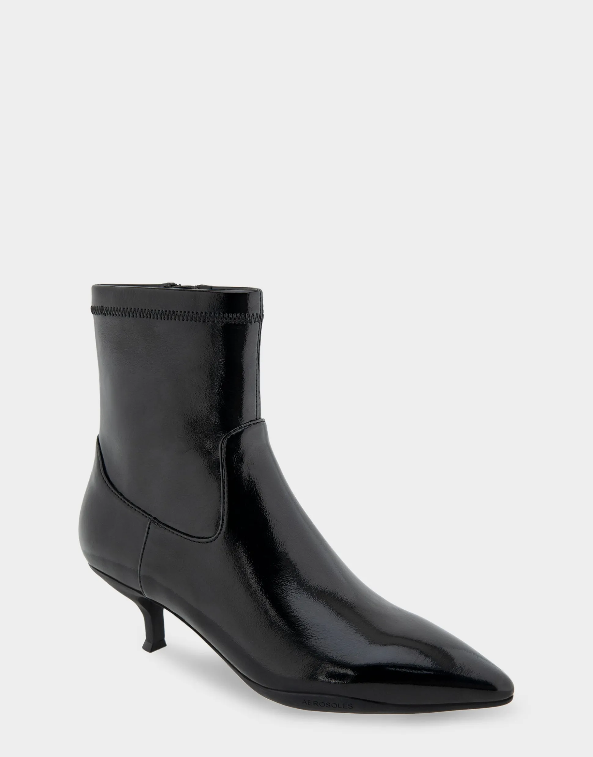 Comfortable Women's Stretch Point Toe Molded Outsole Kitten Heel Bootie in Black Crinkled Patent Faux Leather Stretch Patent Faux Leather