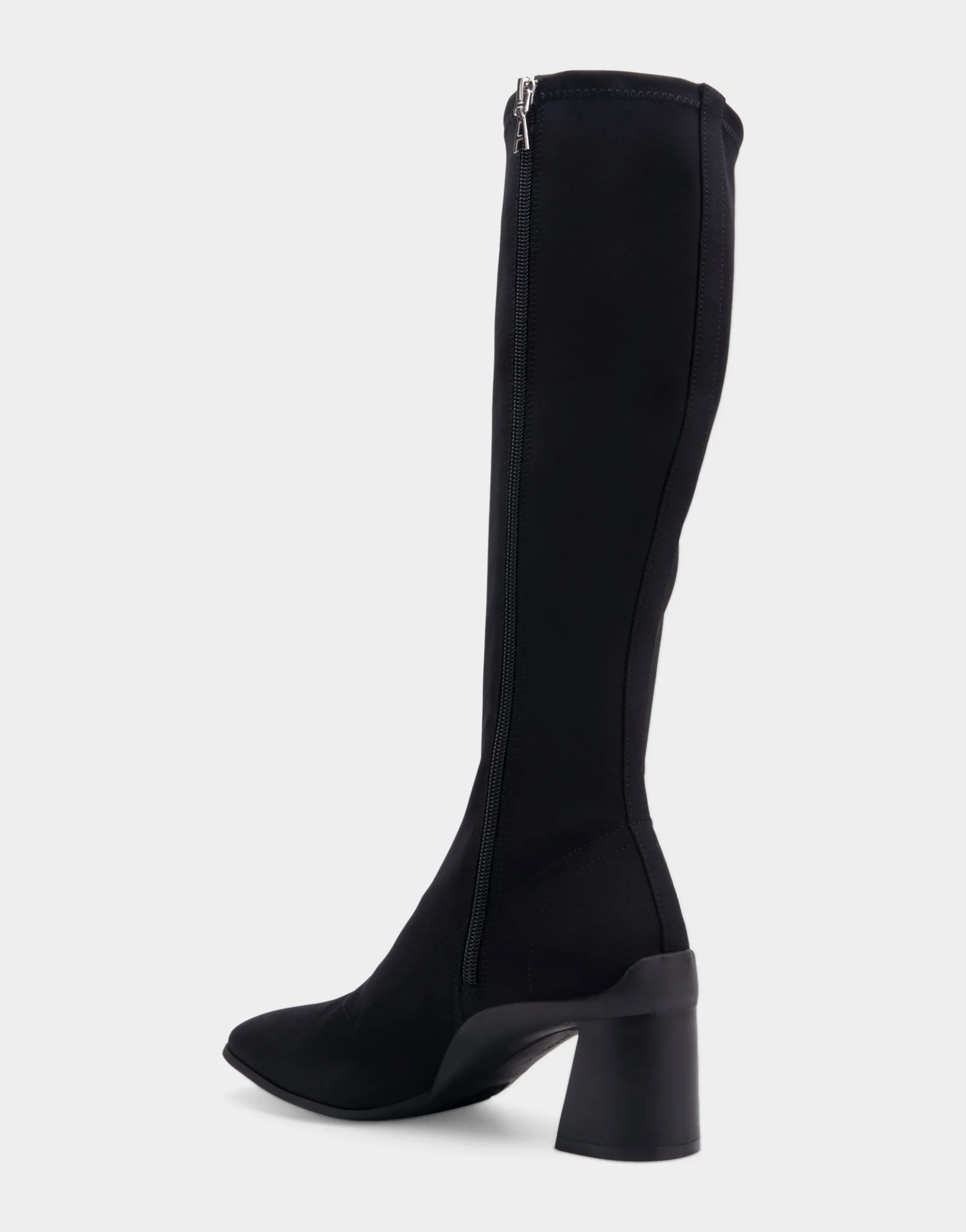 Comfortable Women's Stretch Knee High Sculpted Heel Boot in Black Stretch Gabardine Fabric