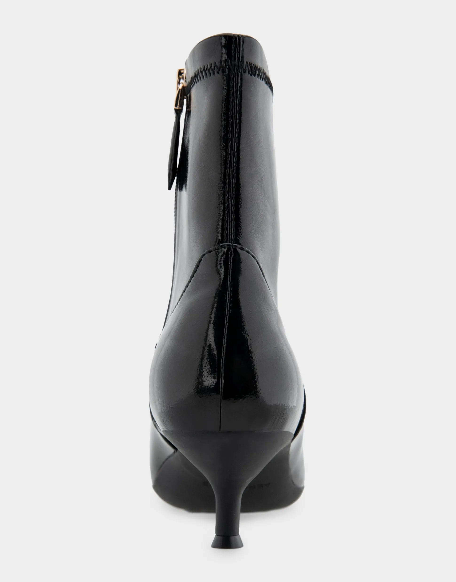 Comfortable Women's Stretch Point Toe Molded Outsole Kitten Heel Bootie in Black Crinkled Patent Faux Leather Stretch Patent Faux Leather