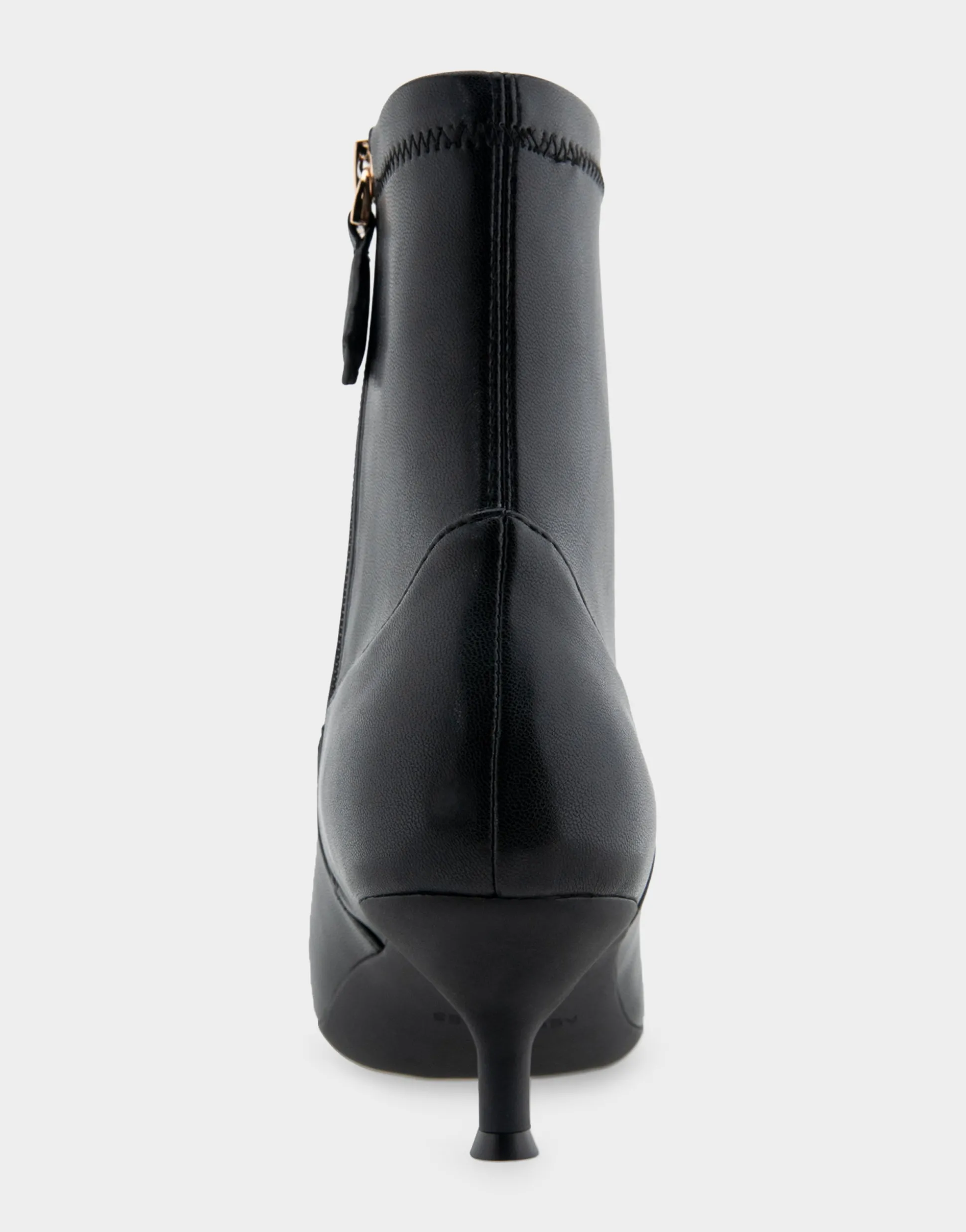 Comfortable Women's Stretch Point Toe Molded Outsole Kitten Heel Bootie in Black Stretch Faux Leather Faux Leather