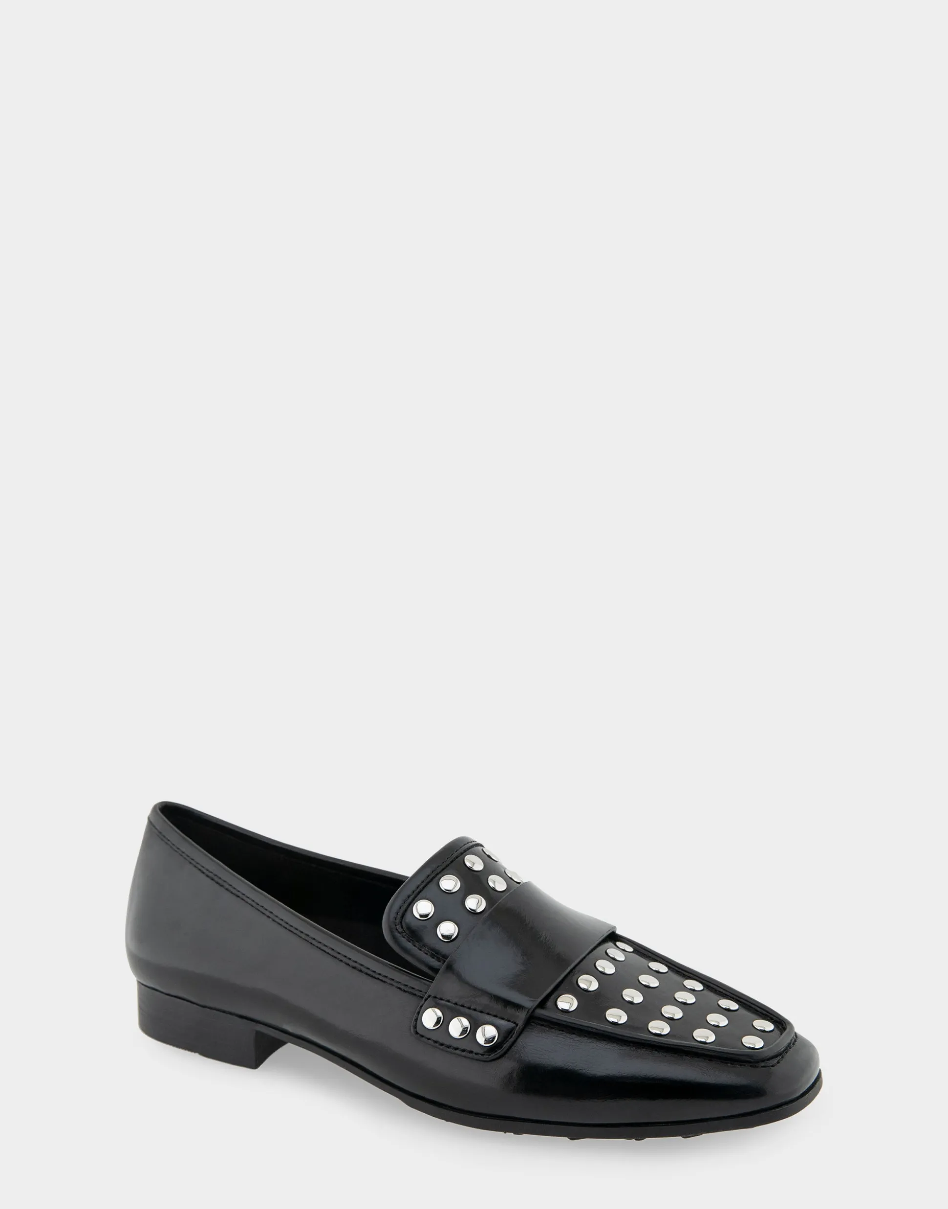 Comfortable Women's Studded Tailored Loafer in Black/silver Burnished Faux Leather Faux Leather