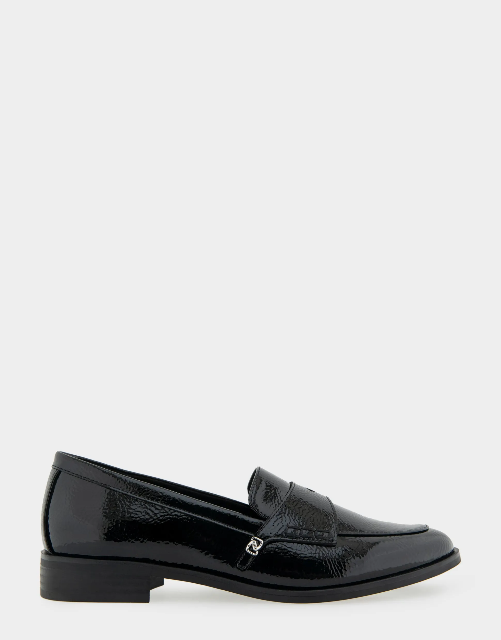 Comfortable Women's Tailored Dress Loafer With Signature Metal Detail in Black Crinkled Patent Faux Leather Patent Faux Leather