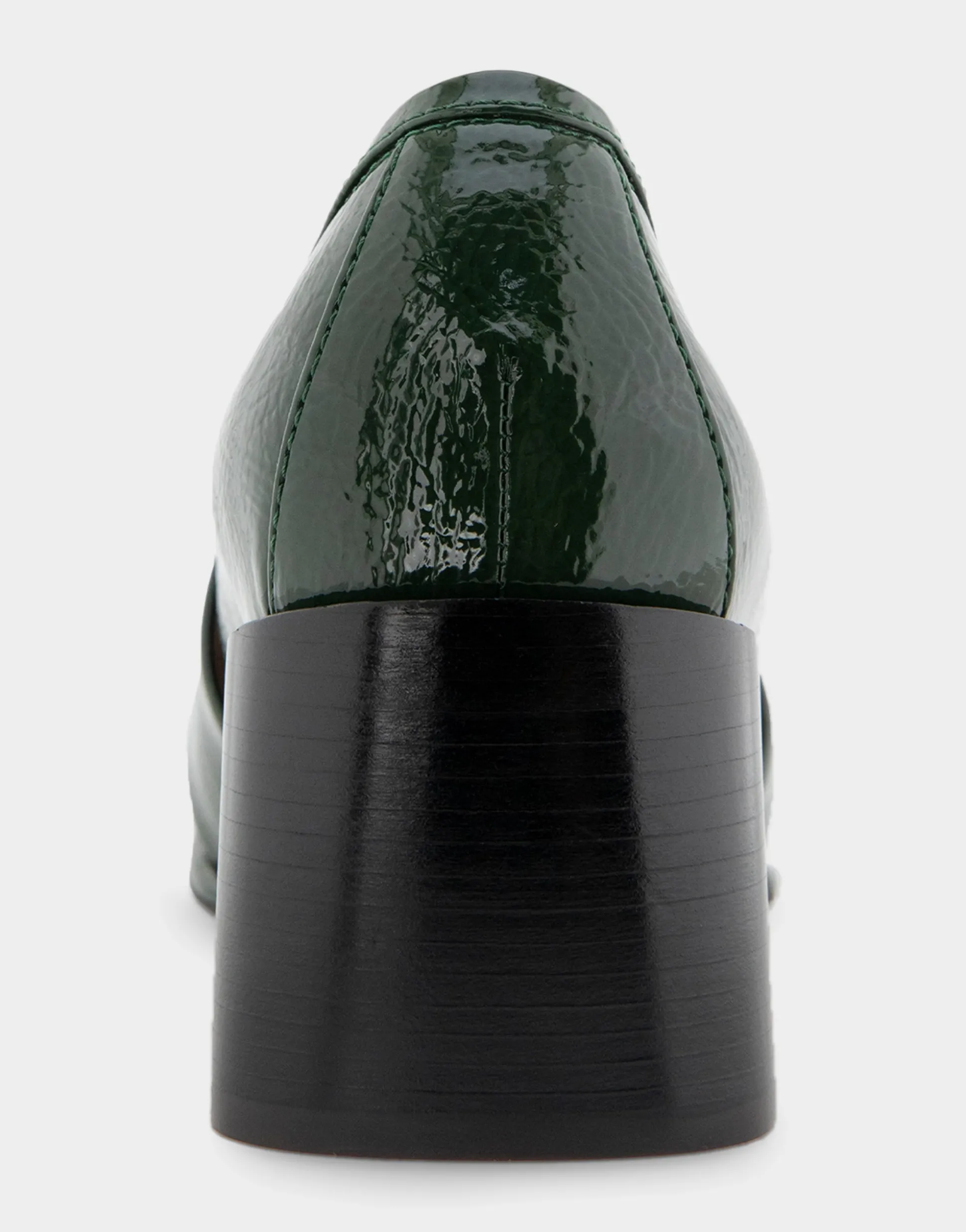 Comfortable Women's Tailored Block Heel Loafer in Fir Green Crinkled Patent Faux Leather Patent Faux Leather