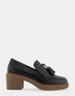 Comfortable Women's Tasseled Platform Loafer in Black Leather Leather