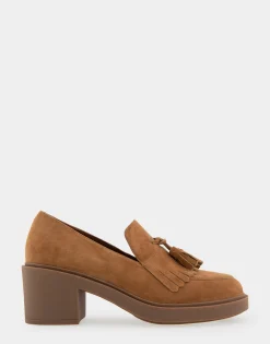 Comfortable Women's Tasseled Platform Loafer in Tobacco Suede Suede