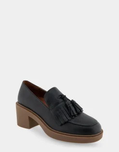 Comfortable Women's Tasseled Platform Loafer in Black Leather Leather